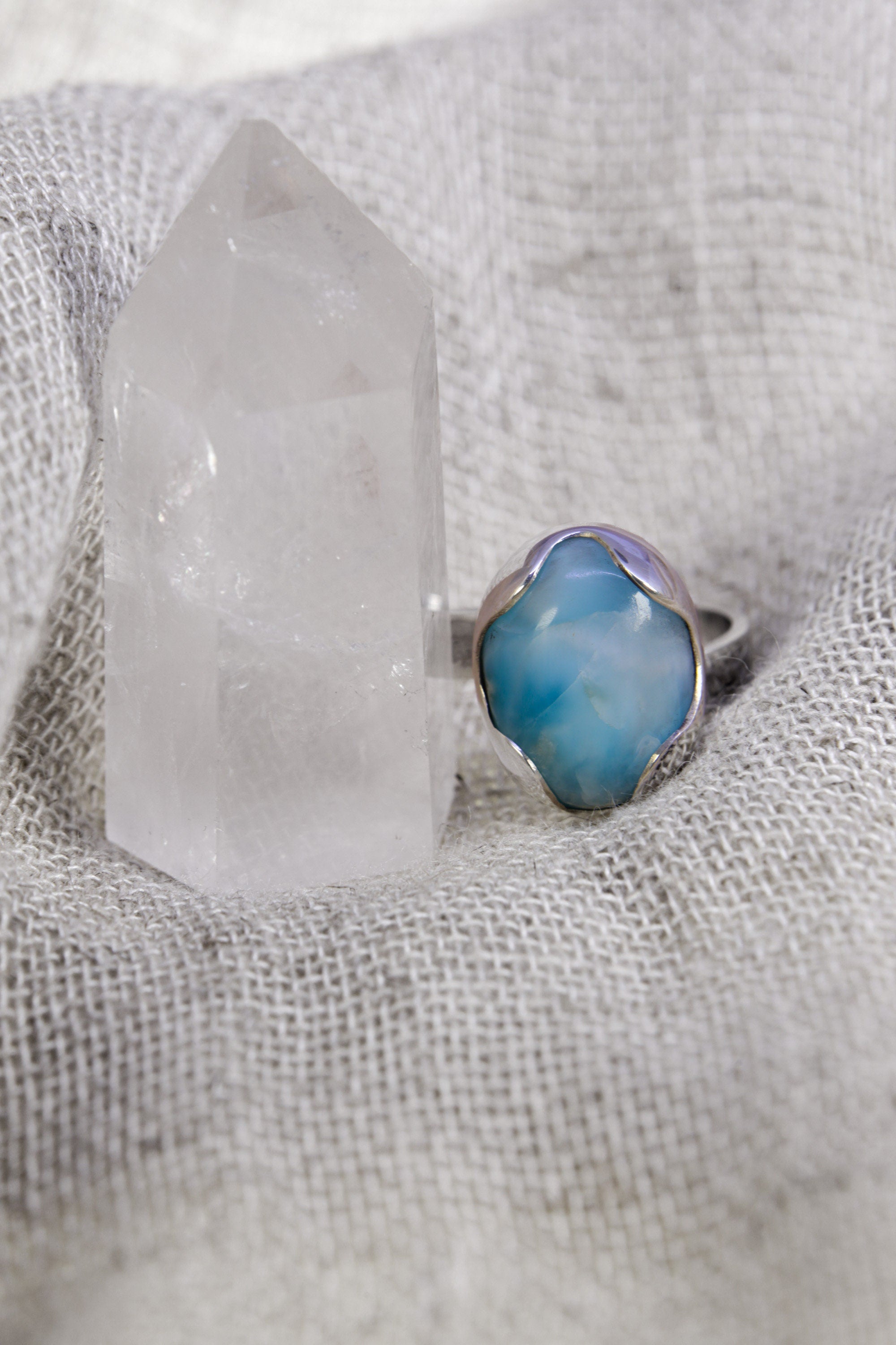 A Tribute to Oceanic Splendor: Adjustable Sterling Silver Ring with Oval Larimar - Unisex - Size 5-10 US - NO/04