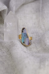 Adjustable Sterling Silver Opal Ring, Textured Gold-Plated Finish, Unisex, Heart & Crown Chakra, Libra Zodiac, Unique Gift, Size 5-10 US