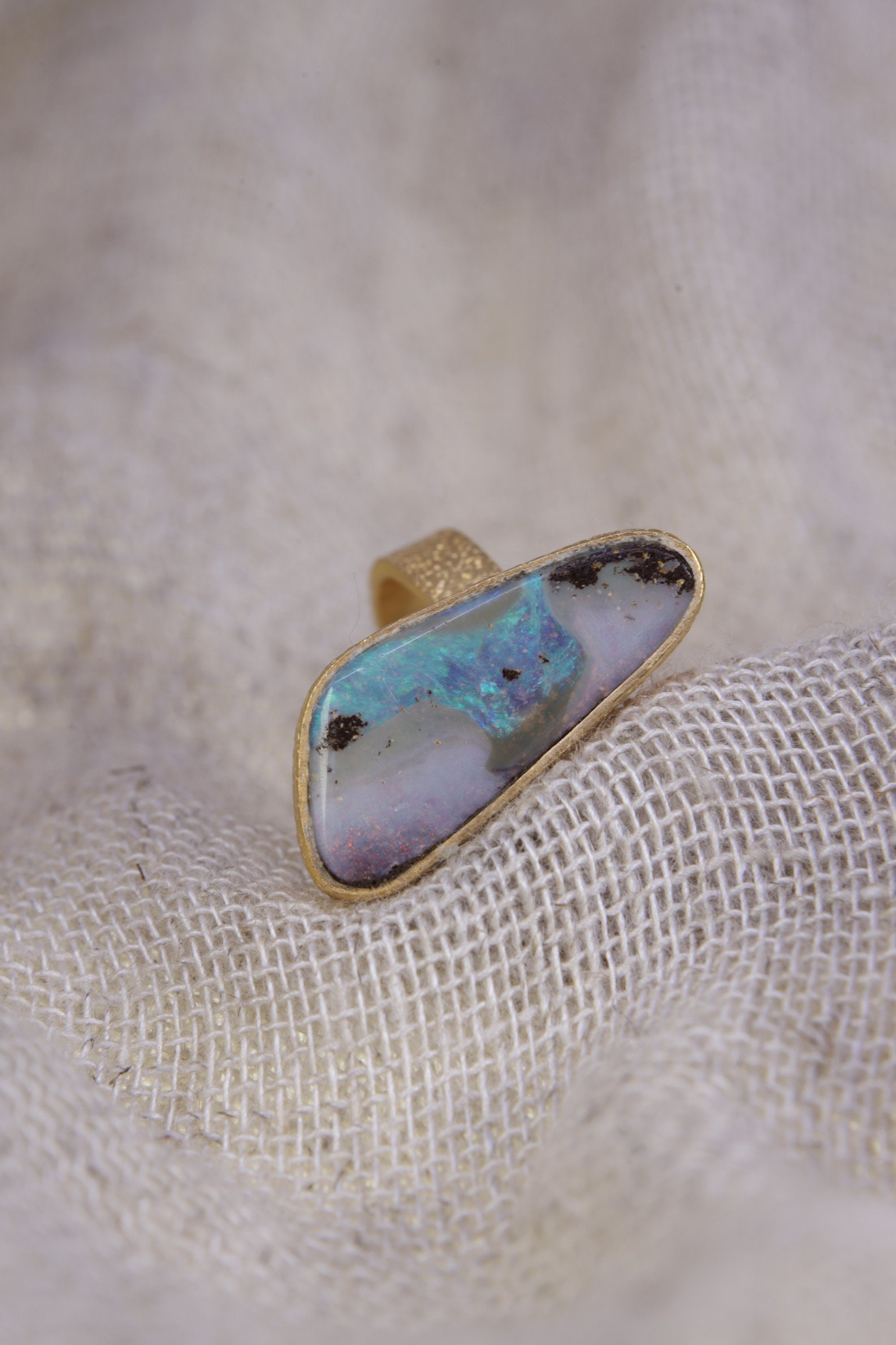 Adjustable Sterling Silver Opal Ring, Textured Gold-Plated Finish, Unisex, Heart & Crown Chakra, Libra Zodiac, Unique Gift, Size 5-10 US