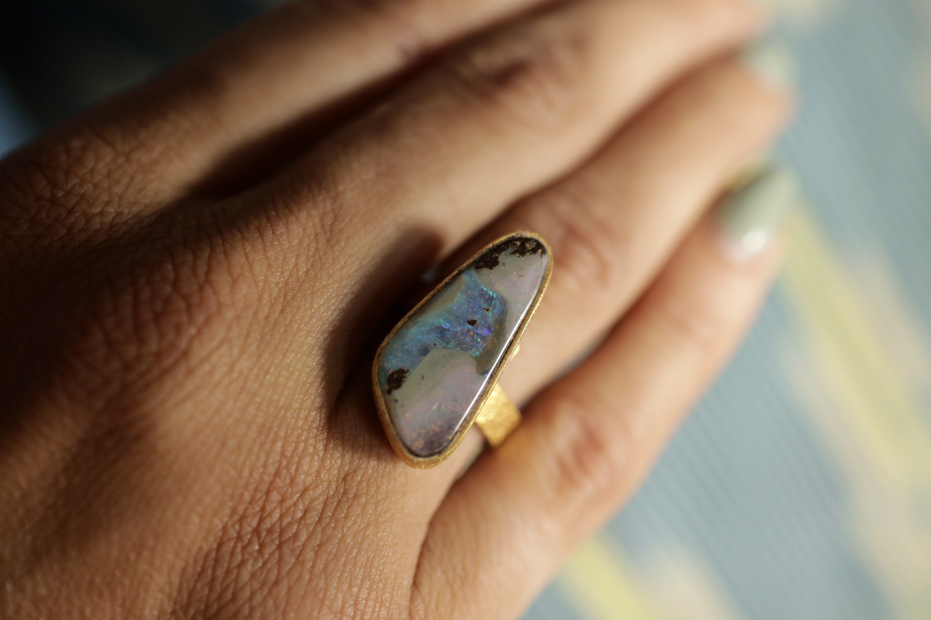 Adjustable Sterling Silver Opal Ring, Textured Gold-Plated Finish, Unisex, Heart & Crown Chakra, Libra Zodiac, Unique Gift, Size 5-10 US