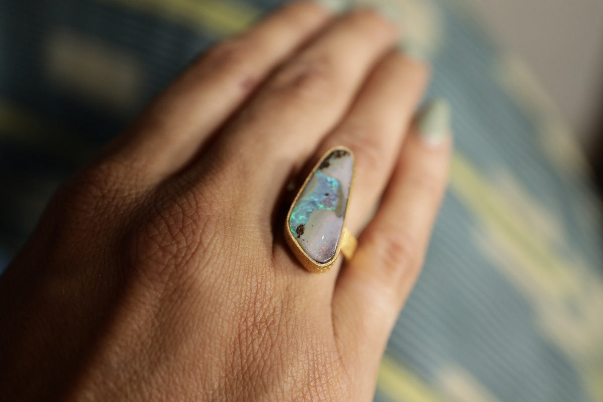 Adjustable Sterling Silver Opal Ring, Textured Gold-Plated Finish, Unisex, Heart & Crown Chakra, Libra Zodiac, Unique Gift, Size 5-10 US