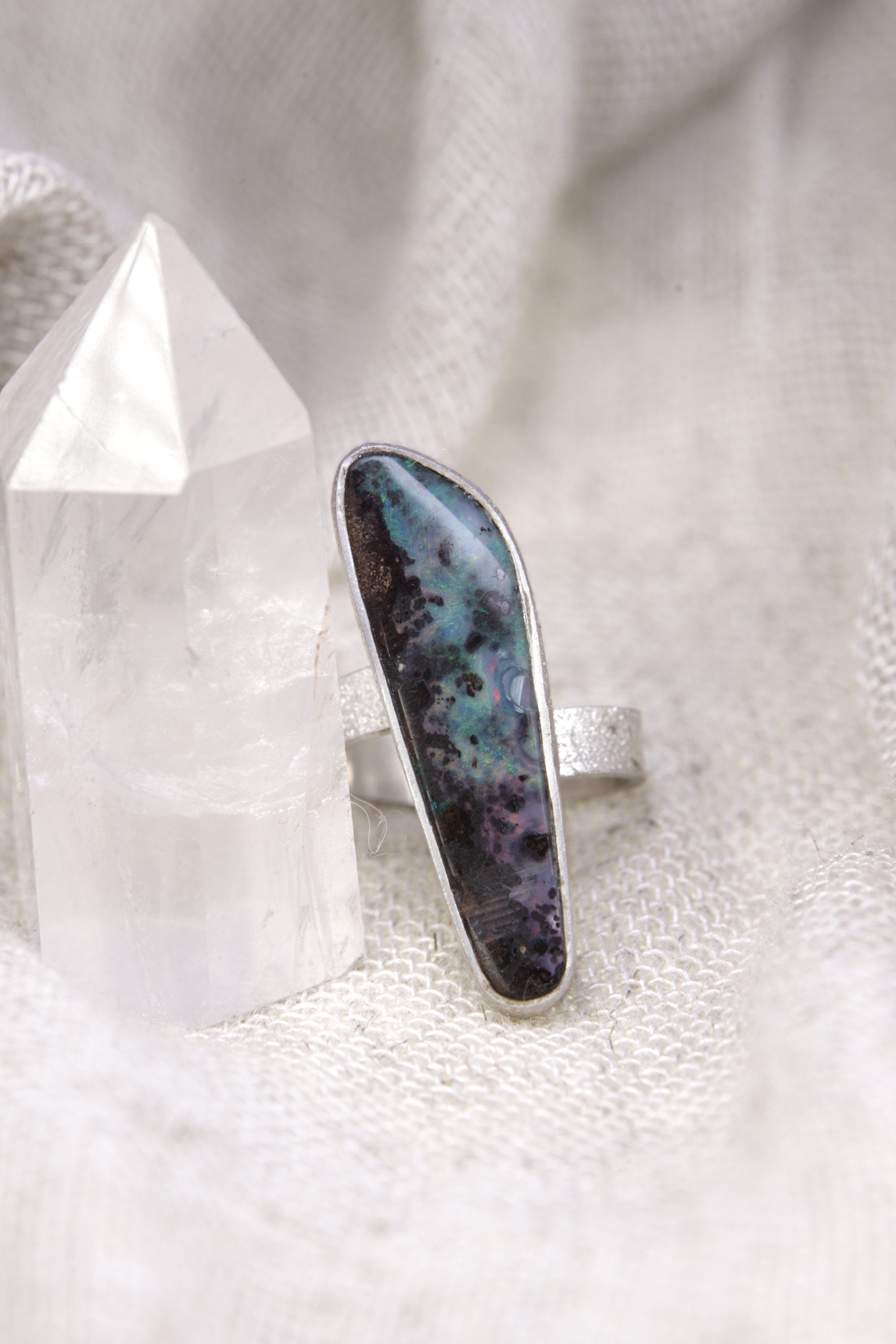 Ethereal Light Opal: Adjustable Sterling Silver Ring with Opal - Textured - Unisex - Size 5-10 US