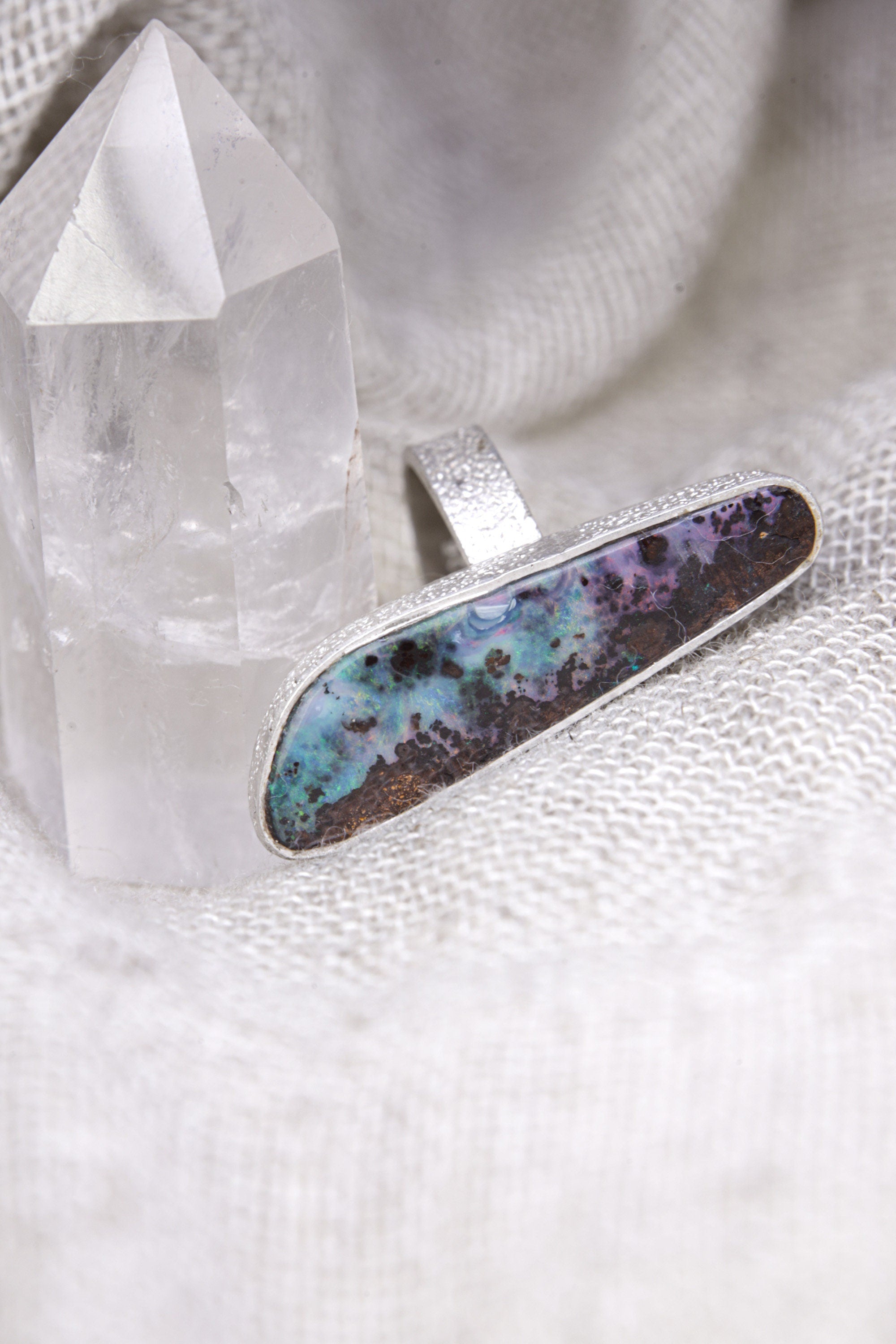 Ethereal Light Opal: Adjustable Sterling Silver Ring with Opal - Textured - Unisex - Size 5-10 US