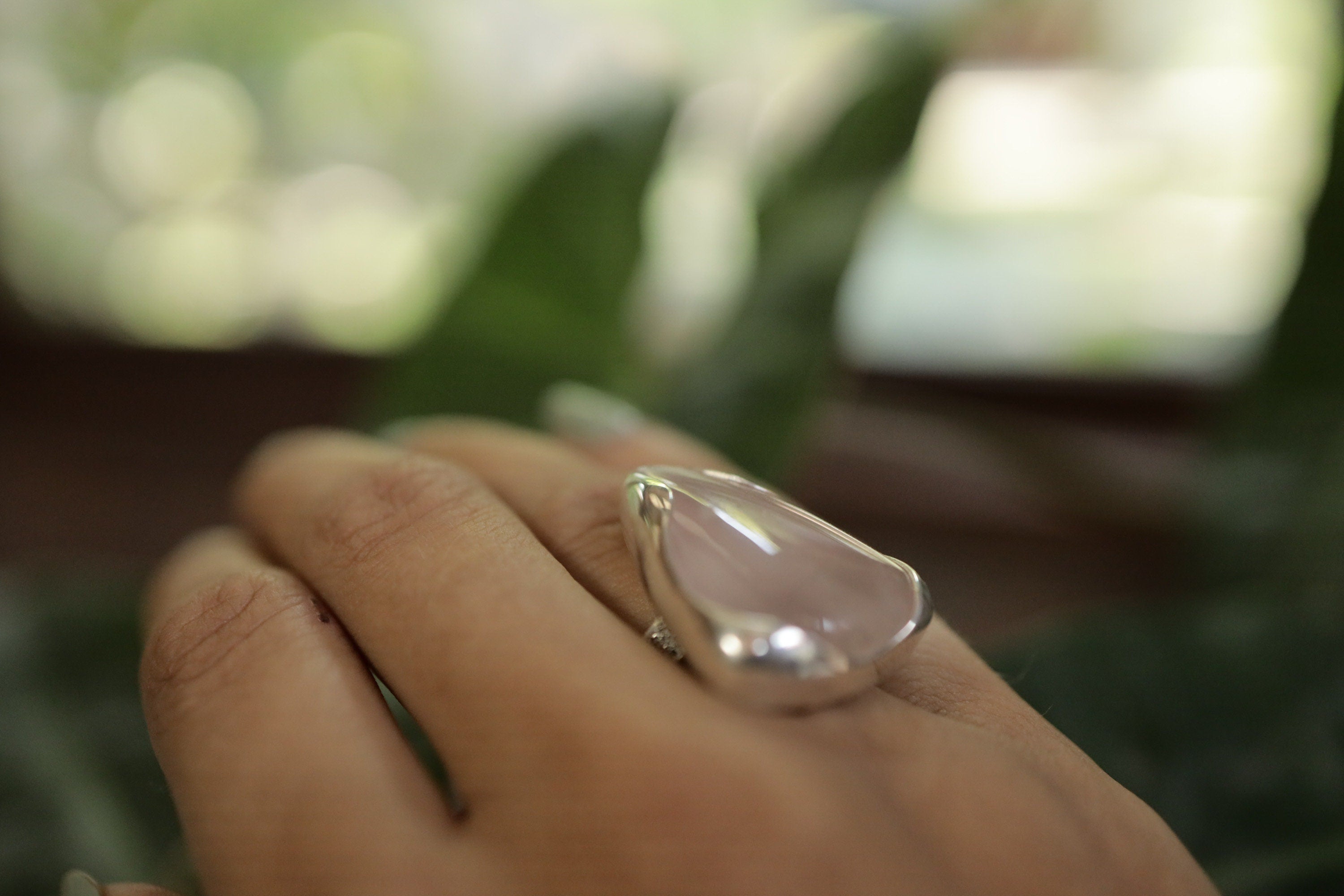 A Robust Embrace of Gentle Harmony: Adjustable Sterling Silver Ring with Triangular Rose Quartz - Unisex - Size 5-10 US