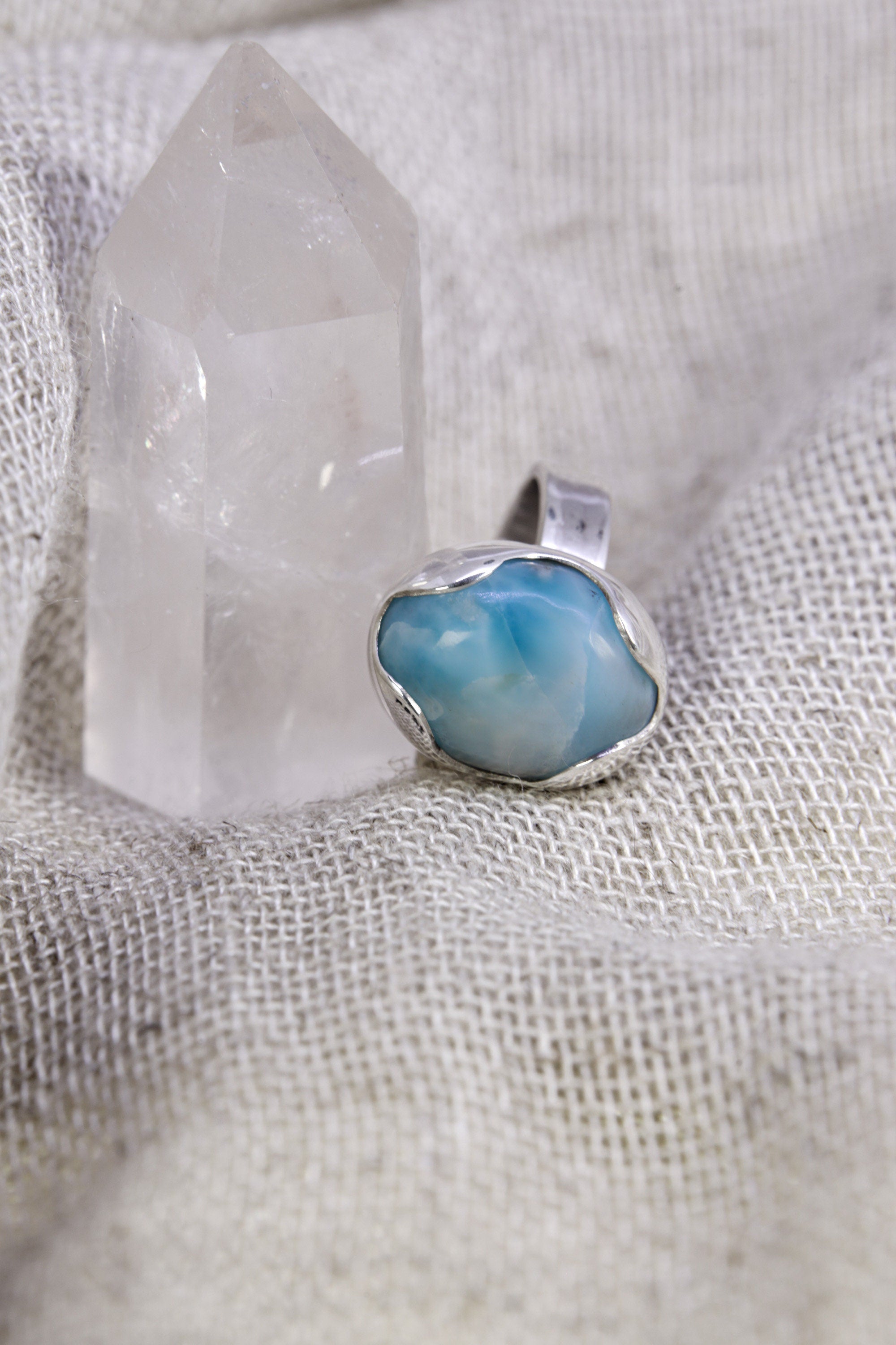 A Tribute to Oceanic Splendor: Adjustable Sterling Silver Ring with Oval Larimar - Unisex - Size 5-10 US - NO/04