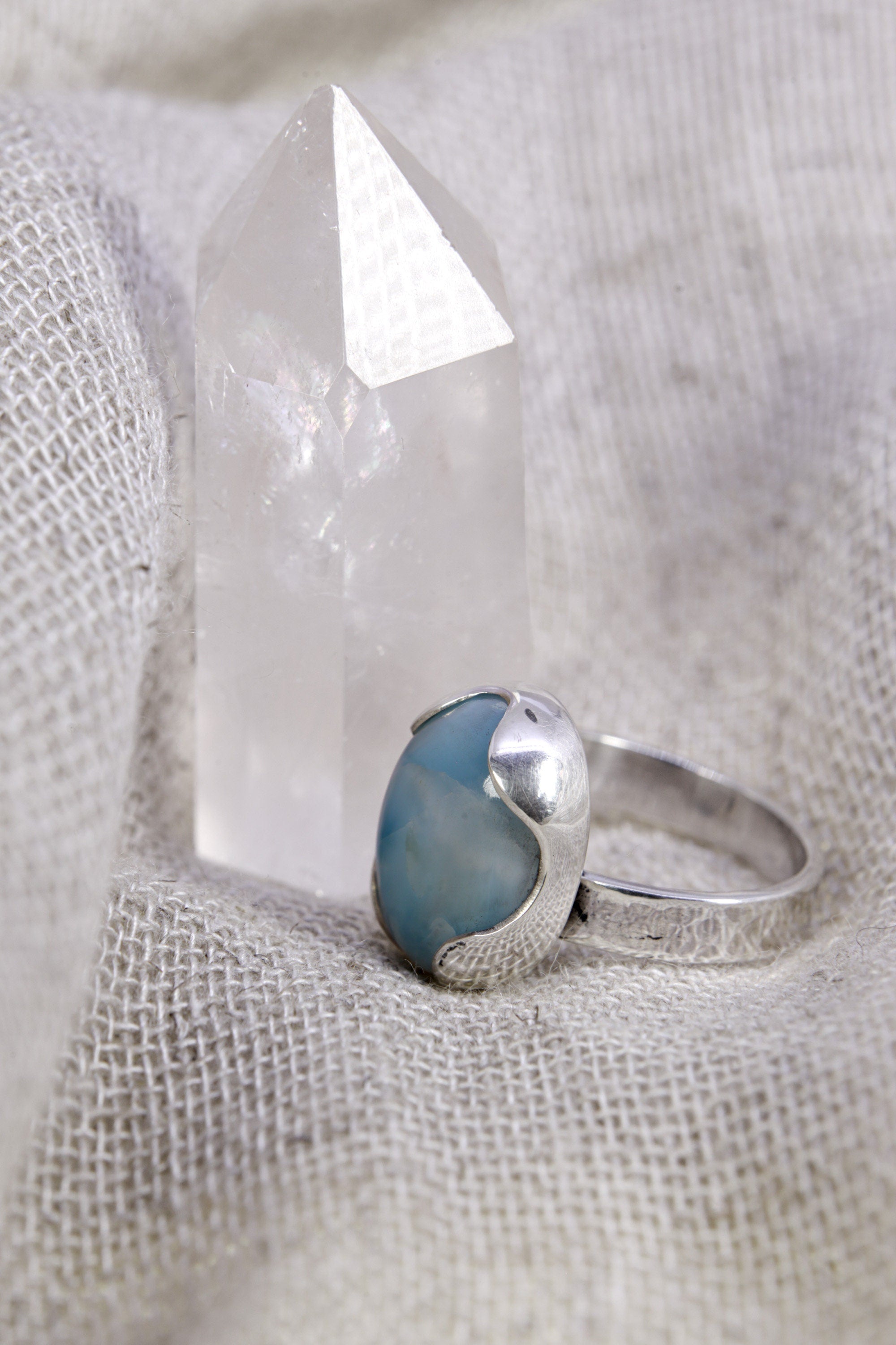 A Tribute to Oceanic Splendor: Adjustable Sterling Silver Ring with Oval Larimar - Unisex - Size 5-10 US - NO/04