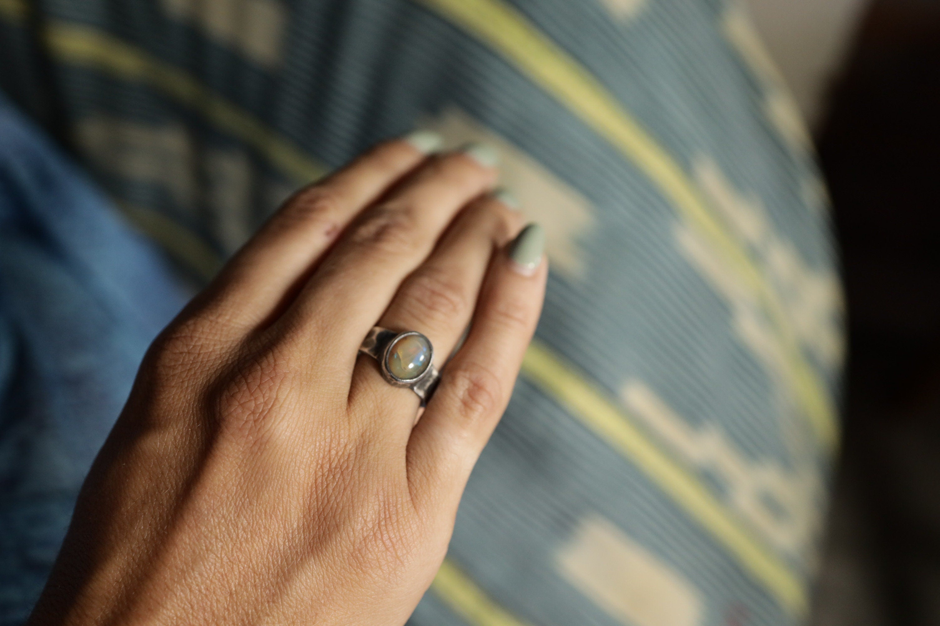 Abyssinian Radiance: Sterling Silver Ring with Ethiopian Opal - Textured & Oxidised - Size 7 3/4