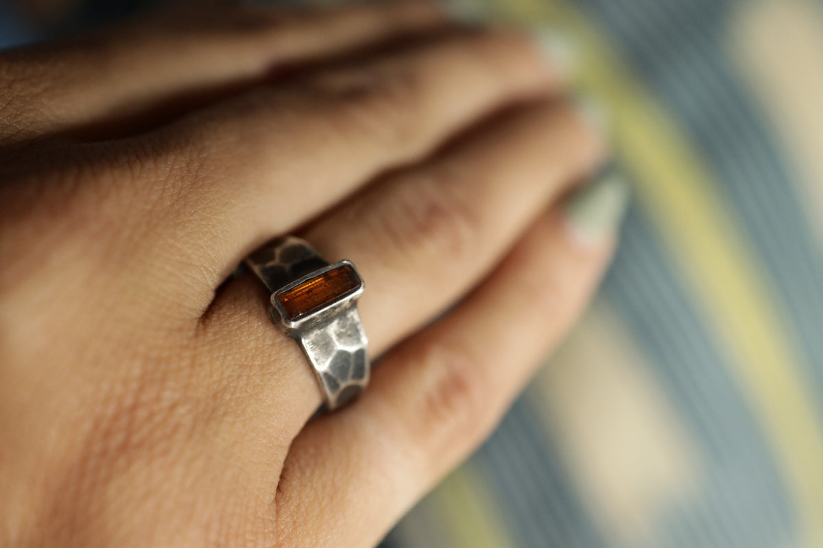 Crimson Whisper: Sterling Silver Ring with Faceted Red Kyanite - Textured & Oxidised - Size 7