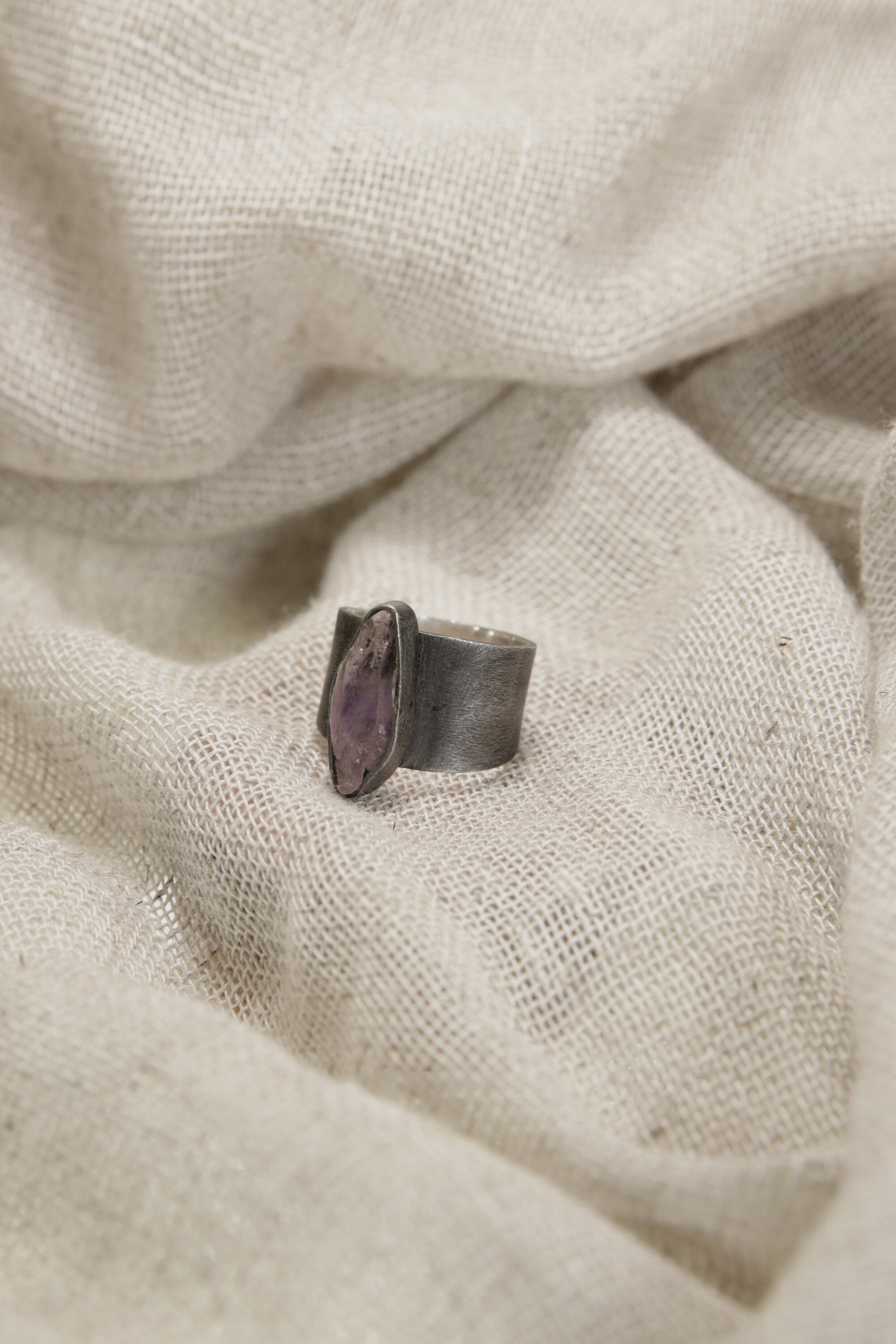 Vera Cruz Twilight: Adjustable Sterling Silver Ring with Vera Cruz Amethyst - Brush Textured - Unisex - Size 5-10 US - NO/08