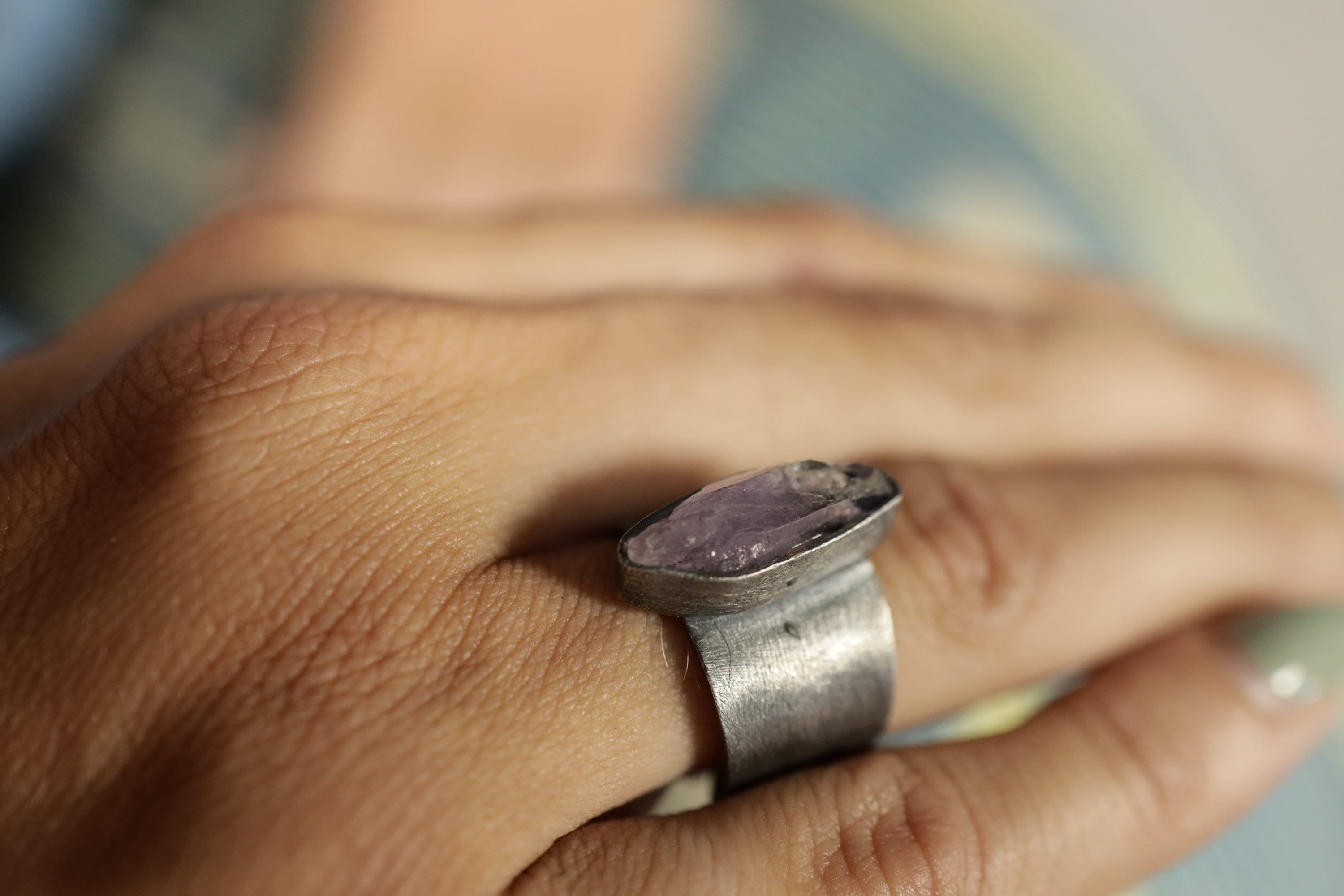 Vera Cruz Twilight: Adjustable Sterling Silver Ring with Vera Cruz Amethyst - Brush Textured - Unisex - Size 5-10 US - NO/08