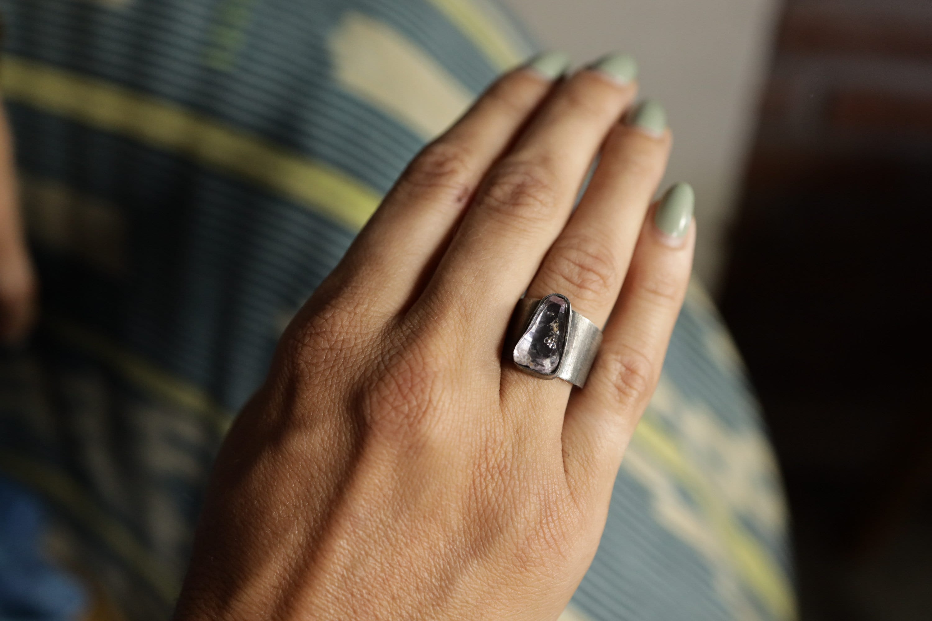 Adjustable Sterling Silver Ring with Vera Cruz Amethyst - Brush Textured - Unisex - Size 5-10 US - NO/09