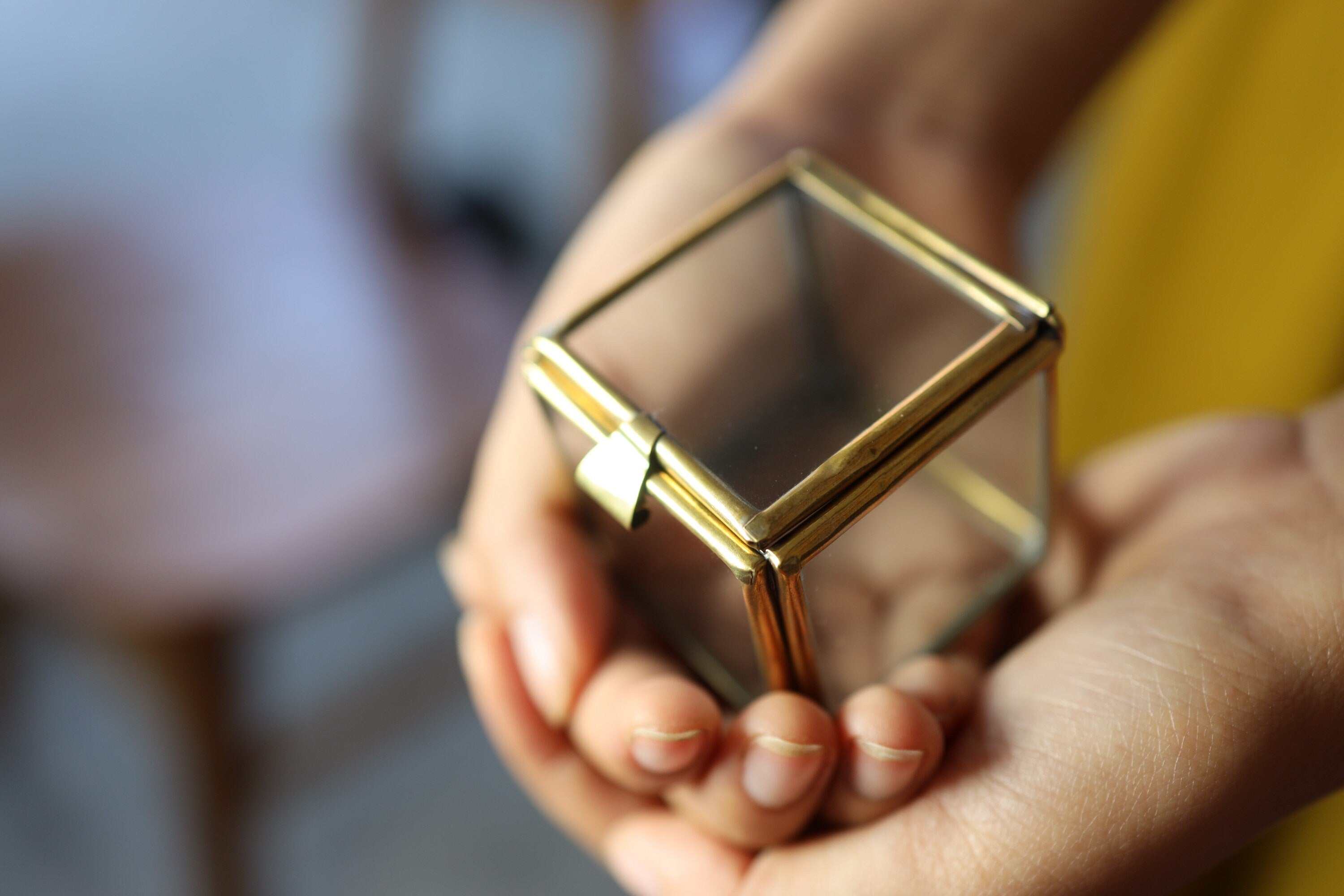 Compact Handcrafted Charm: Small Square Premium Gem Display Box with Gold-Toned Brass - Ideal for Elegant Jewelry Presentation