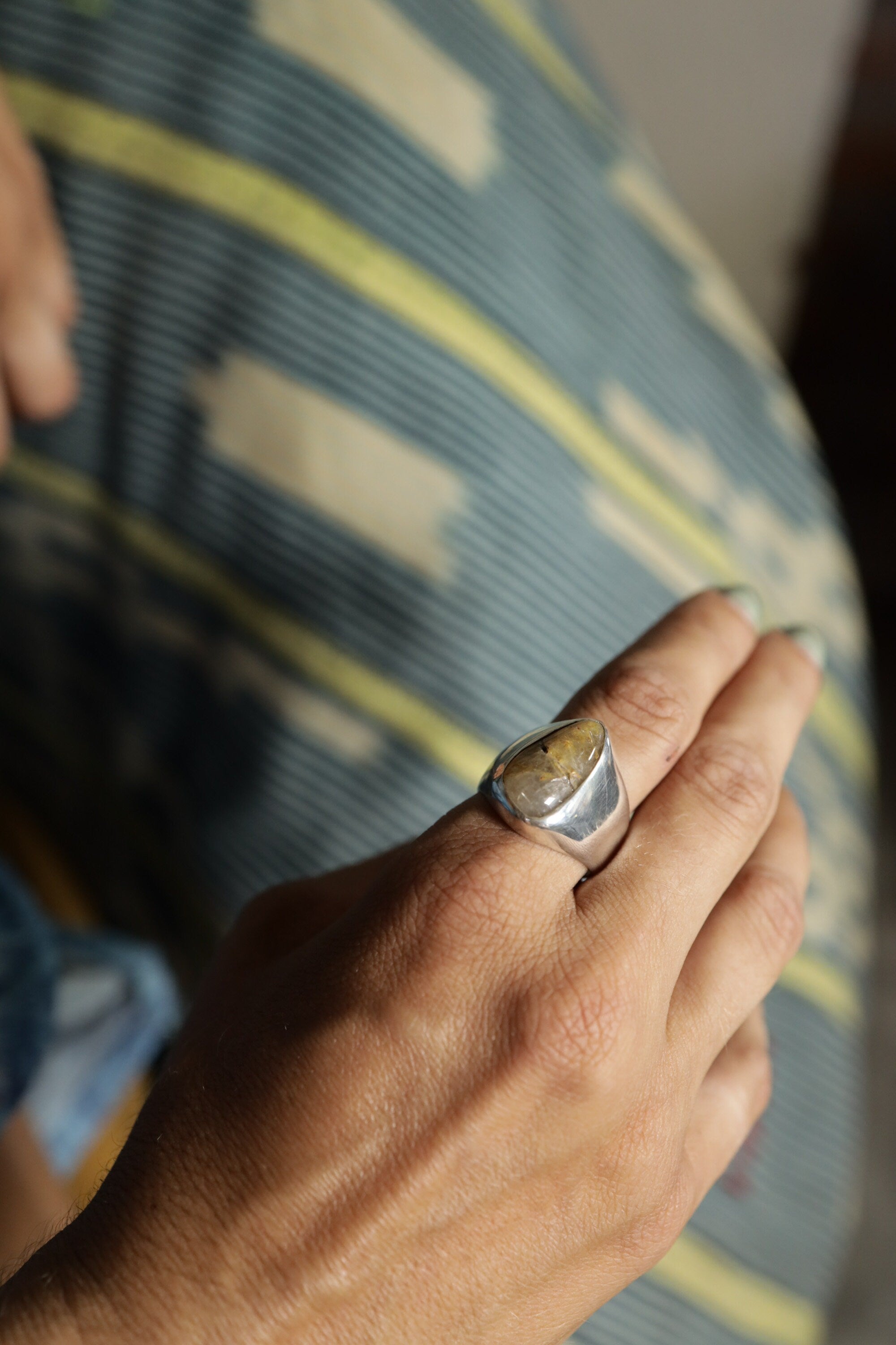 Sterling Silver Hollow Ring, Golden Rutile Quartz Cabochon, Size 11 US, Unisex Modern Design, Sleek and Stylish Jewelry, Unique Gift