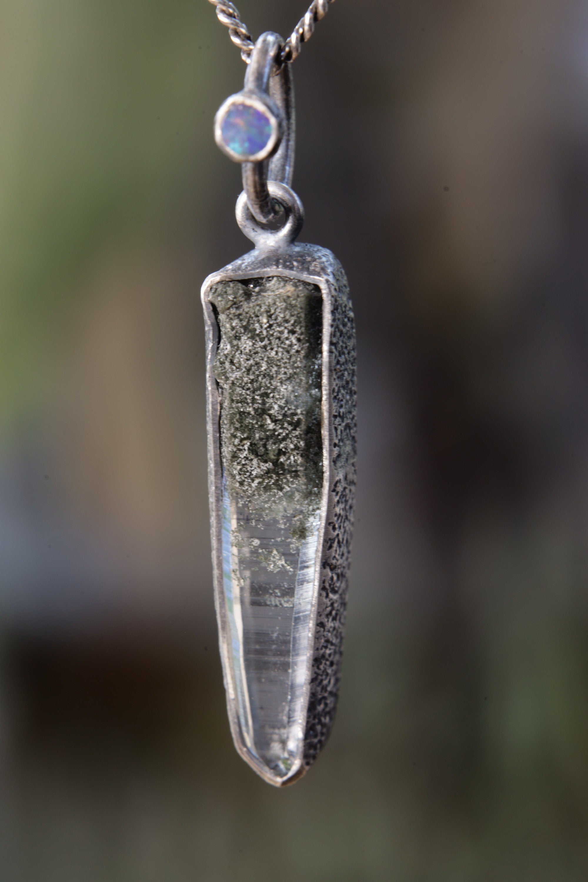 Himalayan Whisper: Sterling Silver Pendant with Himalayan Laser Quartz and Opal - Oxidized & Sand Textured