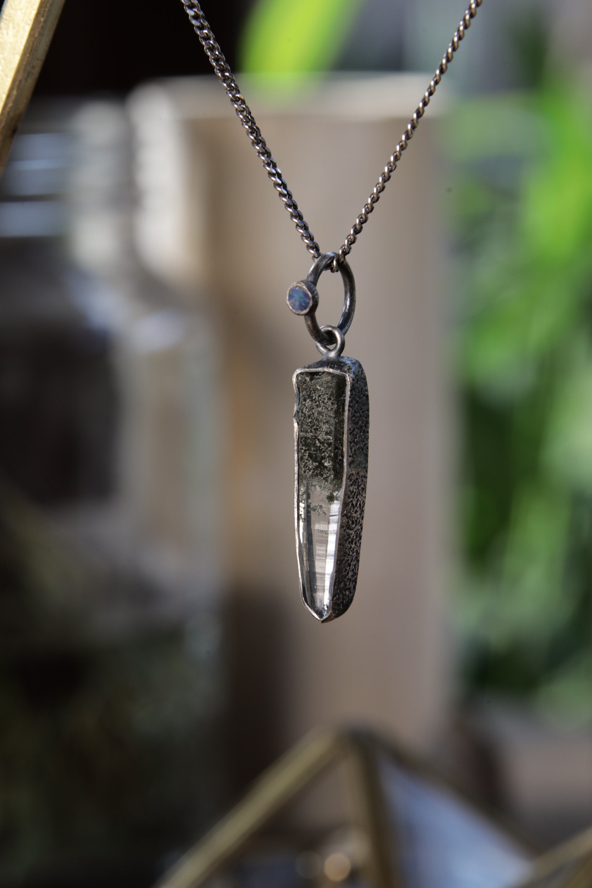 Himalayan Whisper: Sterling Silver Pendant with Himalayan Laser Quartz and Opal - Oxidized & Sand Textured