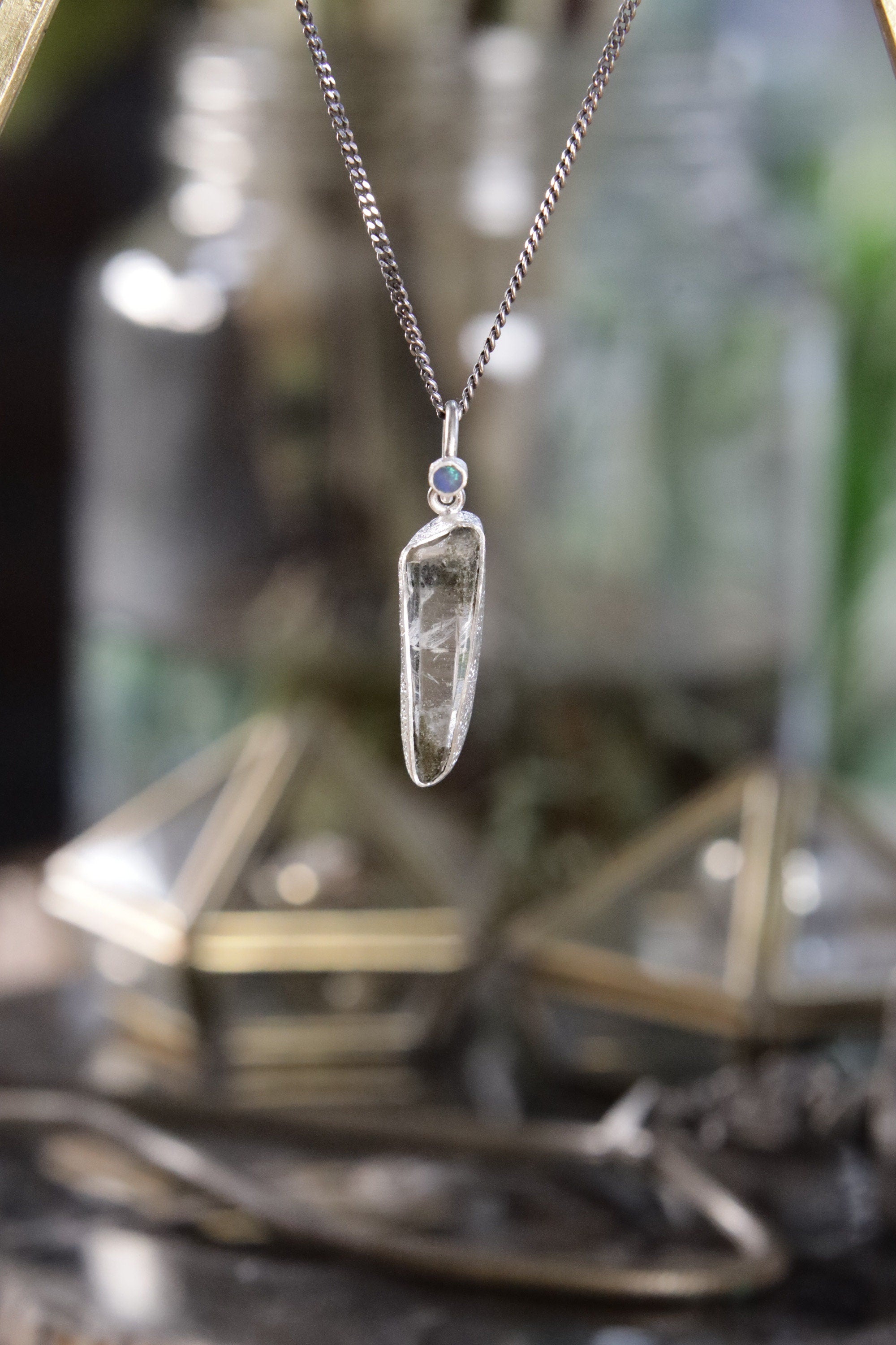 Sterling Silver Pendant with Himalayan Chlorite Quartz and Opal - High Shine & Sand Textured - NO/08