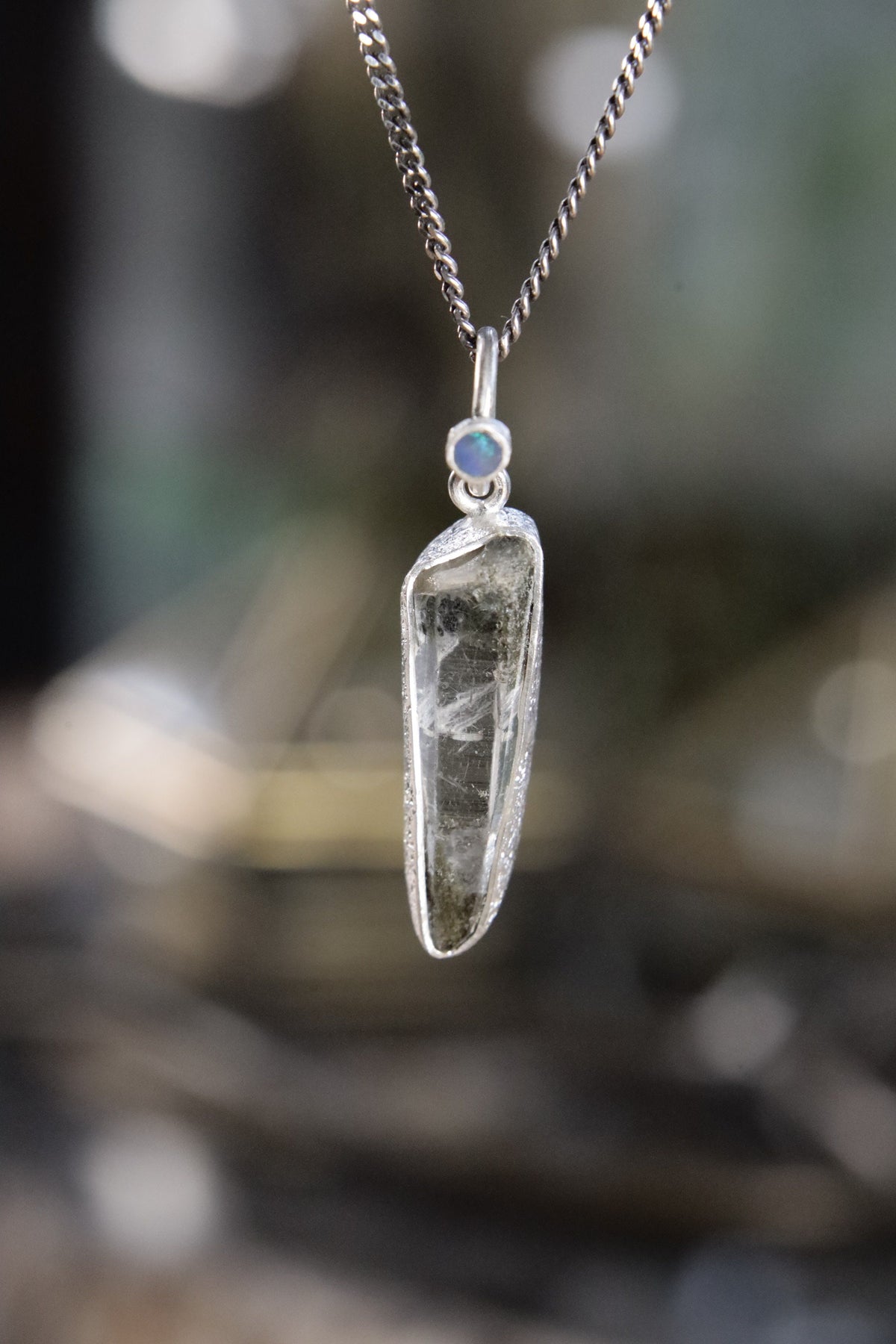 Sterling Silver Pendant with Himalayan Chlorite Quartz and Opal - High Shine & Sand Textured - NO/08