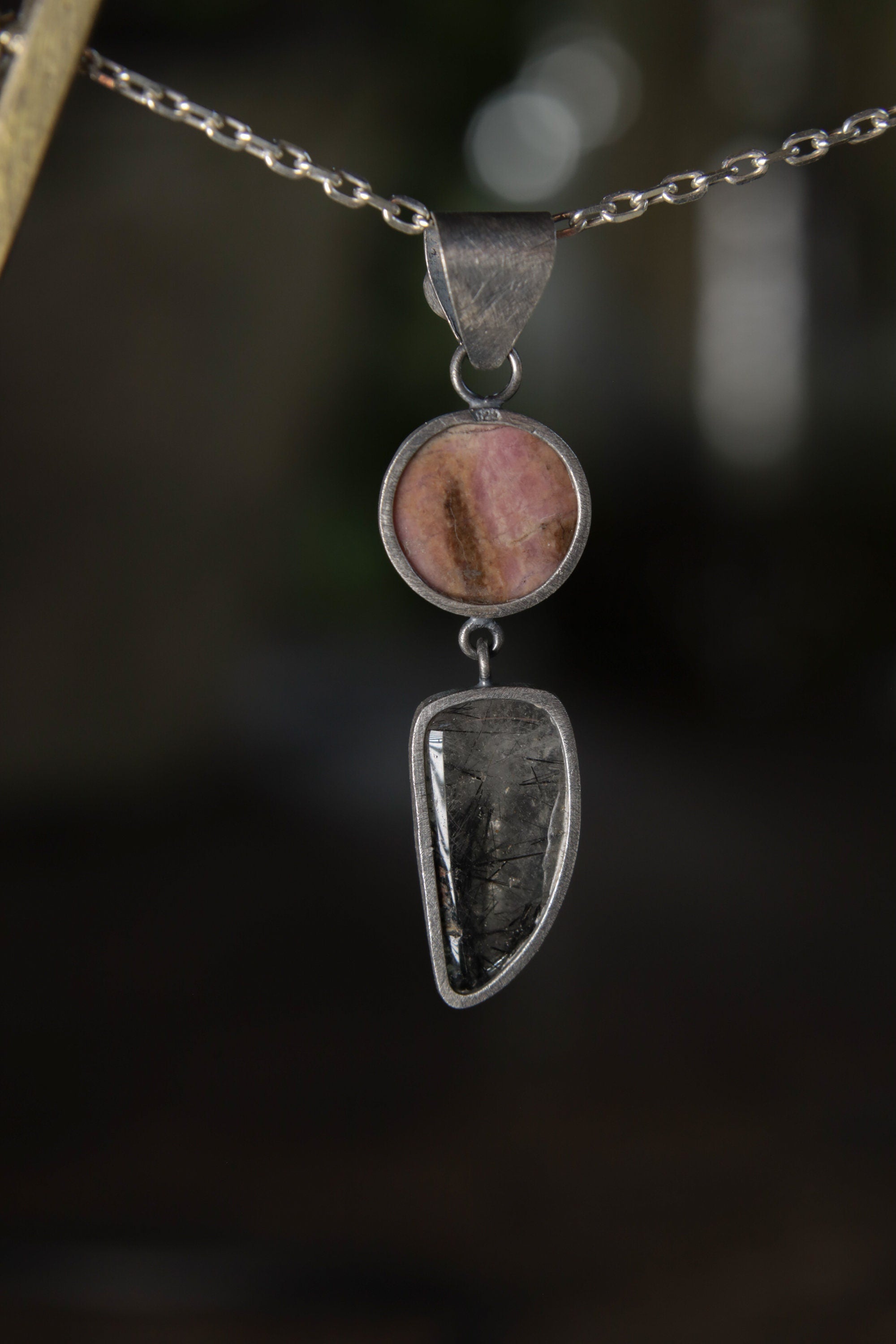 Rhodochrosite & Tooth-Shaped Rutile Quartz Pendant with Moonstone Bail Sterling Silver, Oxidized Brush Texture Dangling Charm Heart Chakra