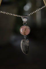 Rhodochrosite & Tooth-Shaped Rutile Quartz Pendant with Moonstone Bail Sterling Silver, Oxidized Brush Texture Dangling Charm Heart Chakra