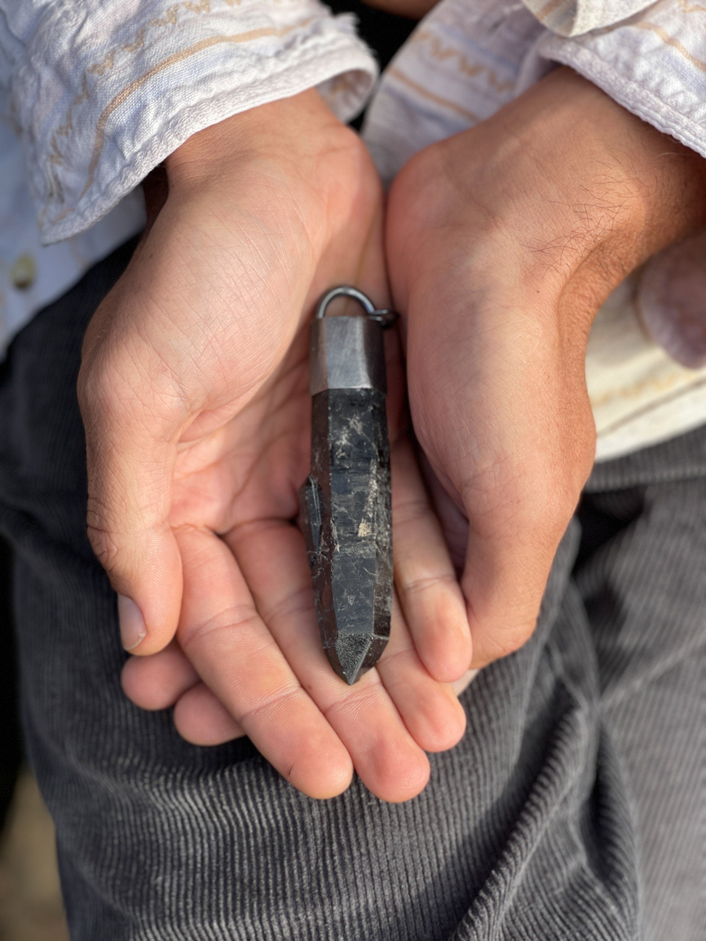 Oxidized Sterling Silver Pendant with Large Smoky Quartz Point, Whispering Shadows, Brush Textured Brutalist Industrial Look, Bold Jewelry