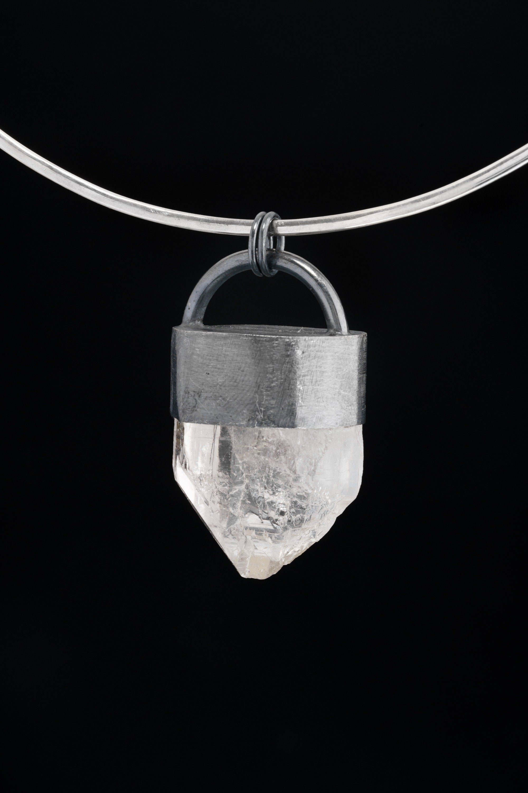 Luminous Essence Clear Quartz Pendant - Sterling Silver Crystal Pendant - Oxidized Finish & Brush Textured