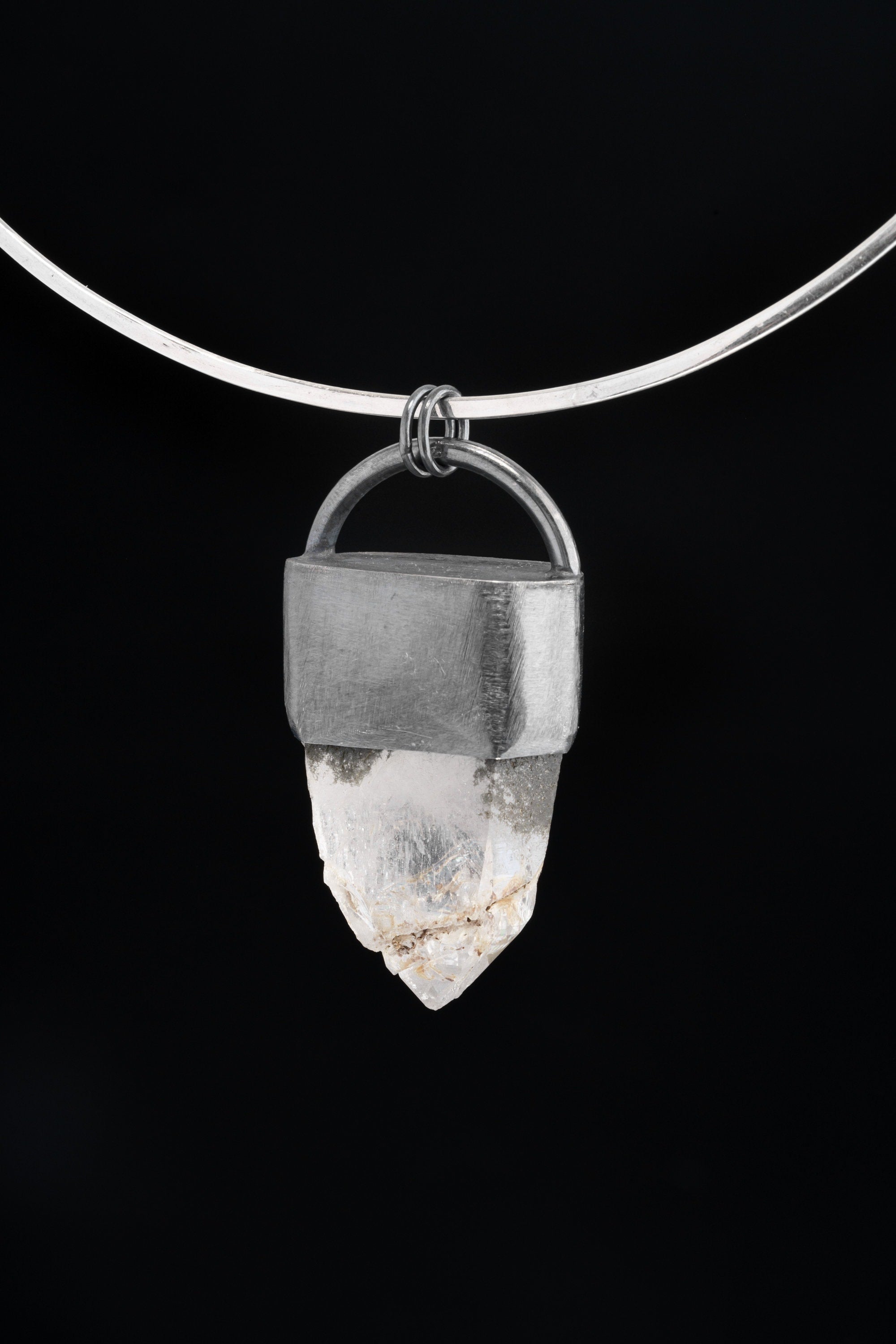 Clear Quartz Pendant with Oxidized Finish and Brush Textured Sterling Silver, Elegant Crystal Necklace Perfect for Layering or Solo Wear