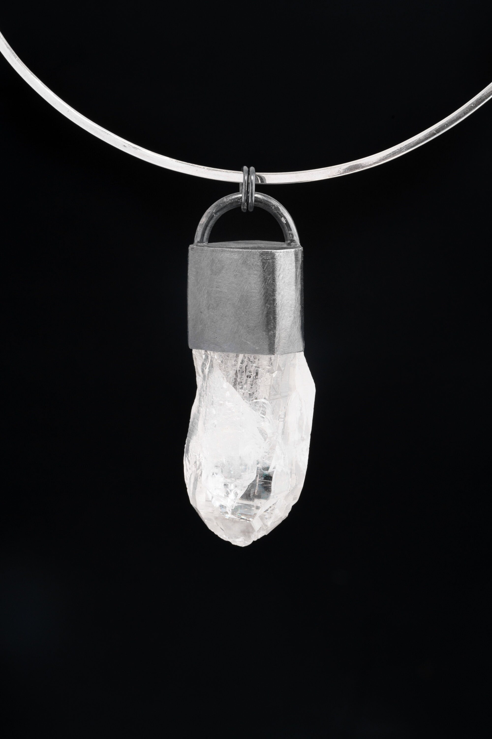 Luminous Veil Clear Quartz Pendant - Oxidized Finish & Brush Textured