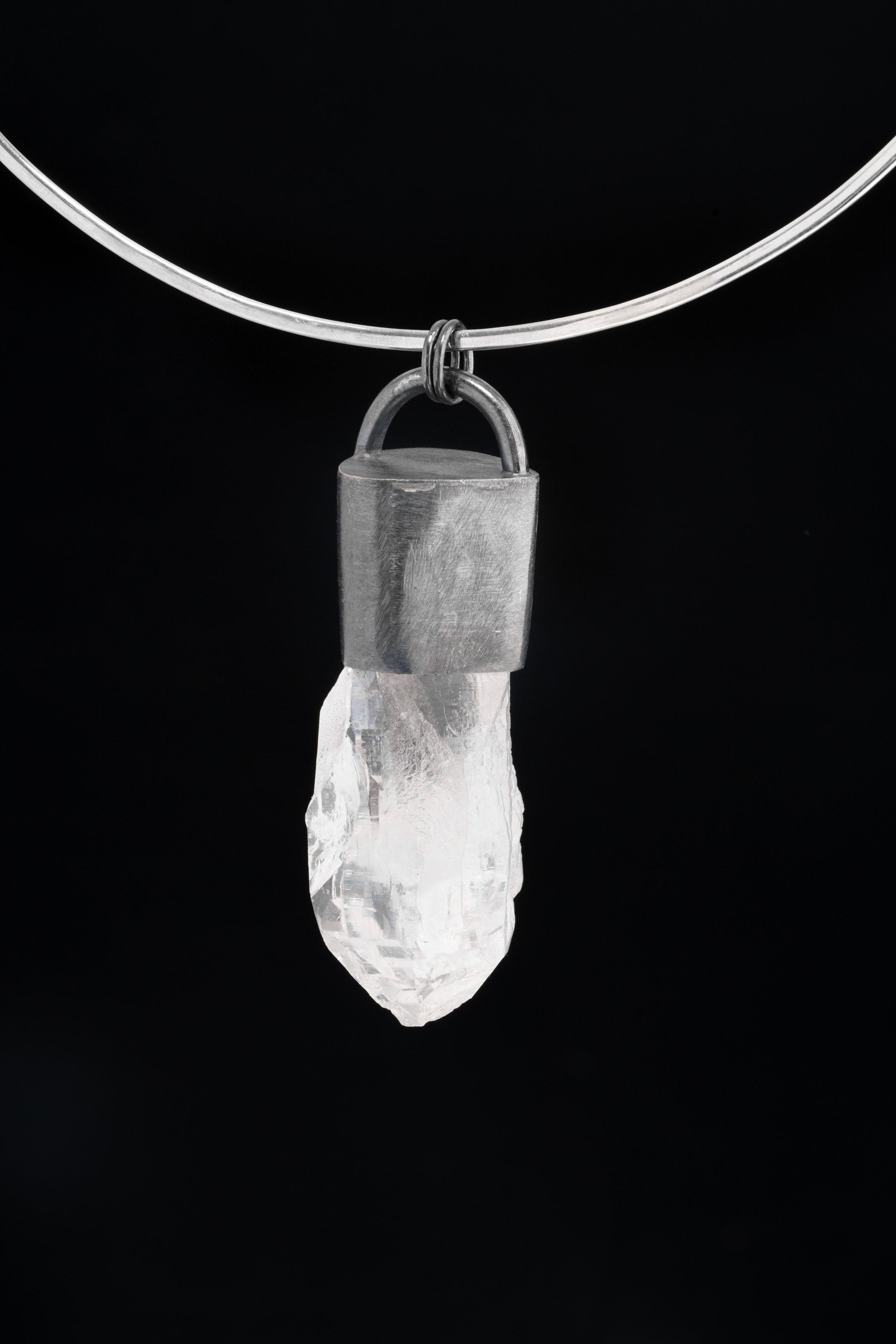 Luminous Veil Clear Quartz Pendant - Oxidized Finish & Brush Textured