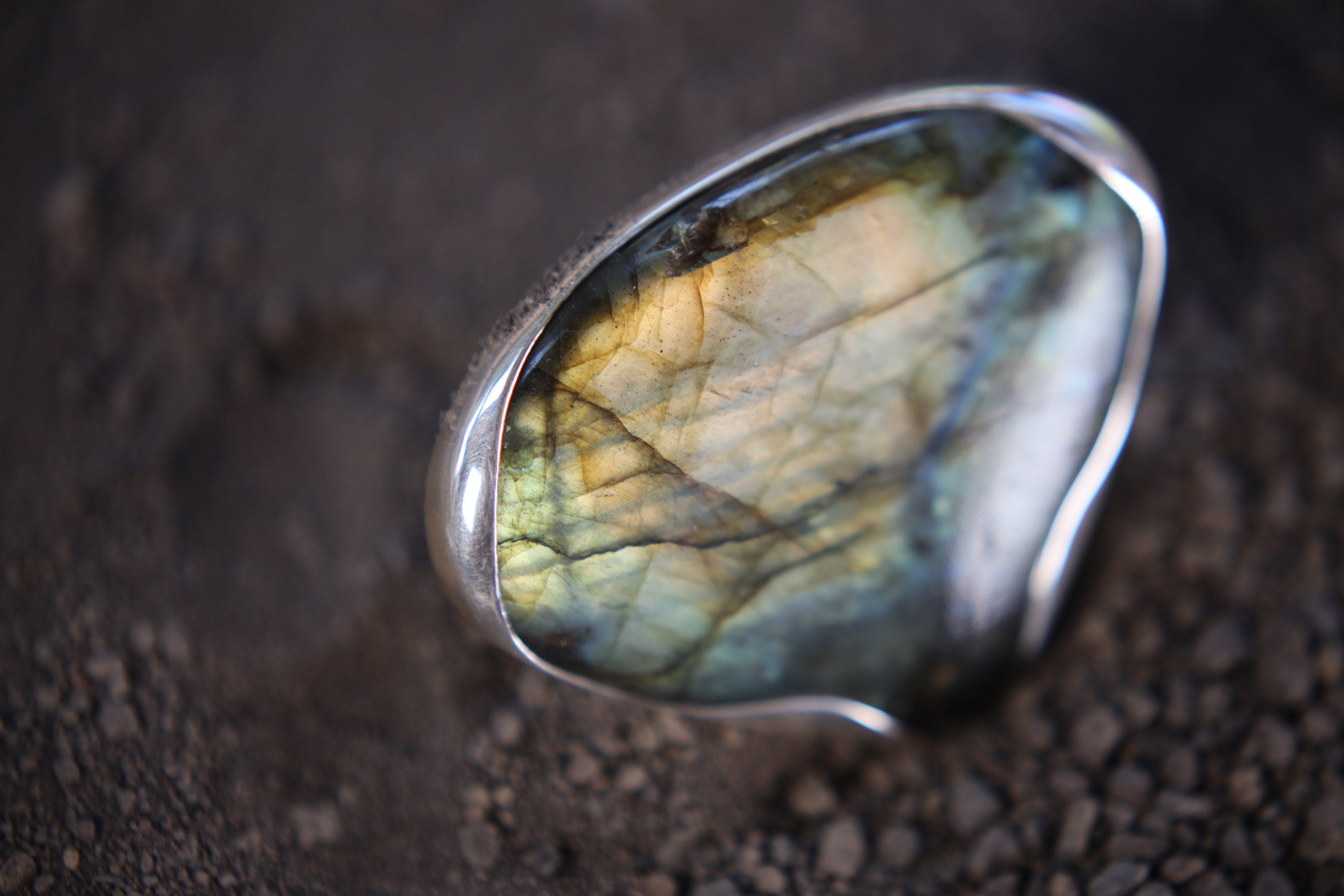 A Sturdy Embrace of Mystical Reflections: Adjustable Sterling Silver Ring with Teardrop Labradorite - Unisex - Size 5-10 US - NO/02