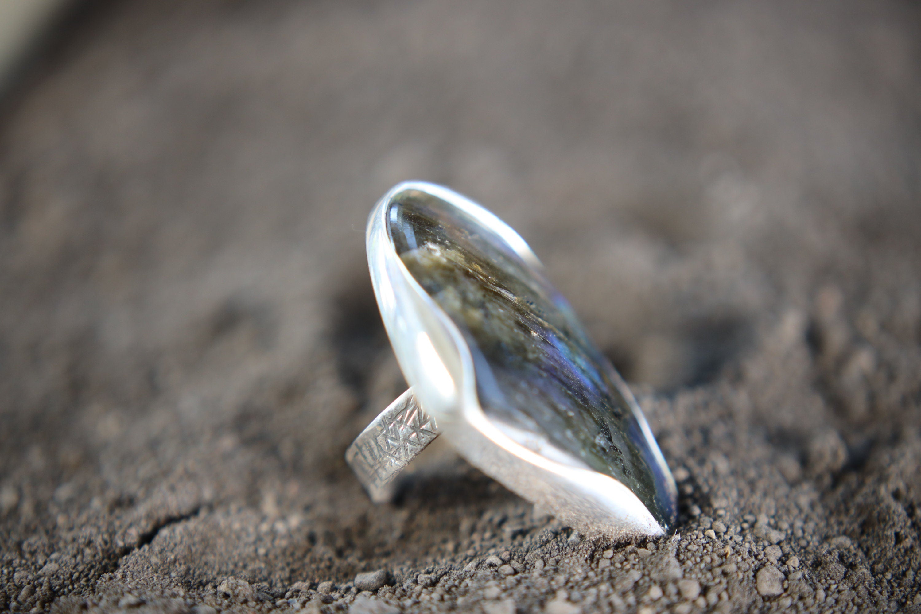 Sterling Silver Adjustable Ring Band, Large Tooth-Shaped Blue Labradorite, Size 5-12 US, Unisex, Spiritual Protection & Transformation