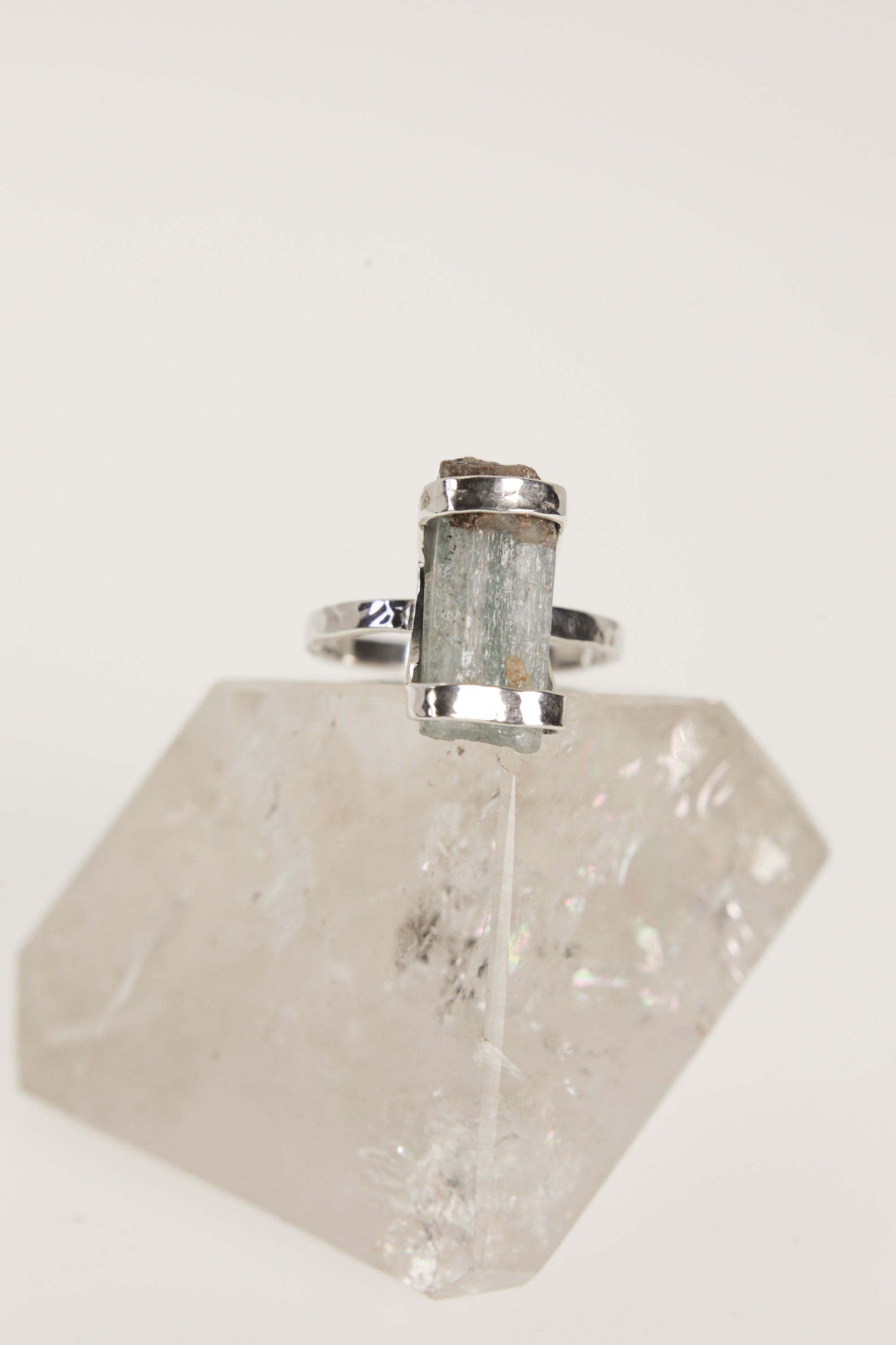 Australis Aqua Raw Aquamarine Gem Ring -Hammered & Shiny Finish - Sterling Silver Ring - Size 7 3/4 US