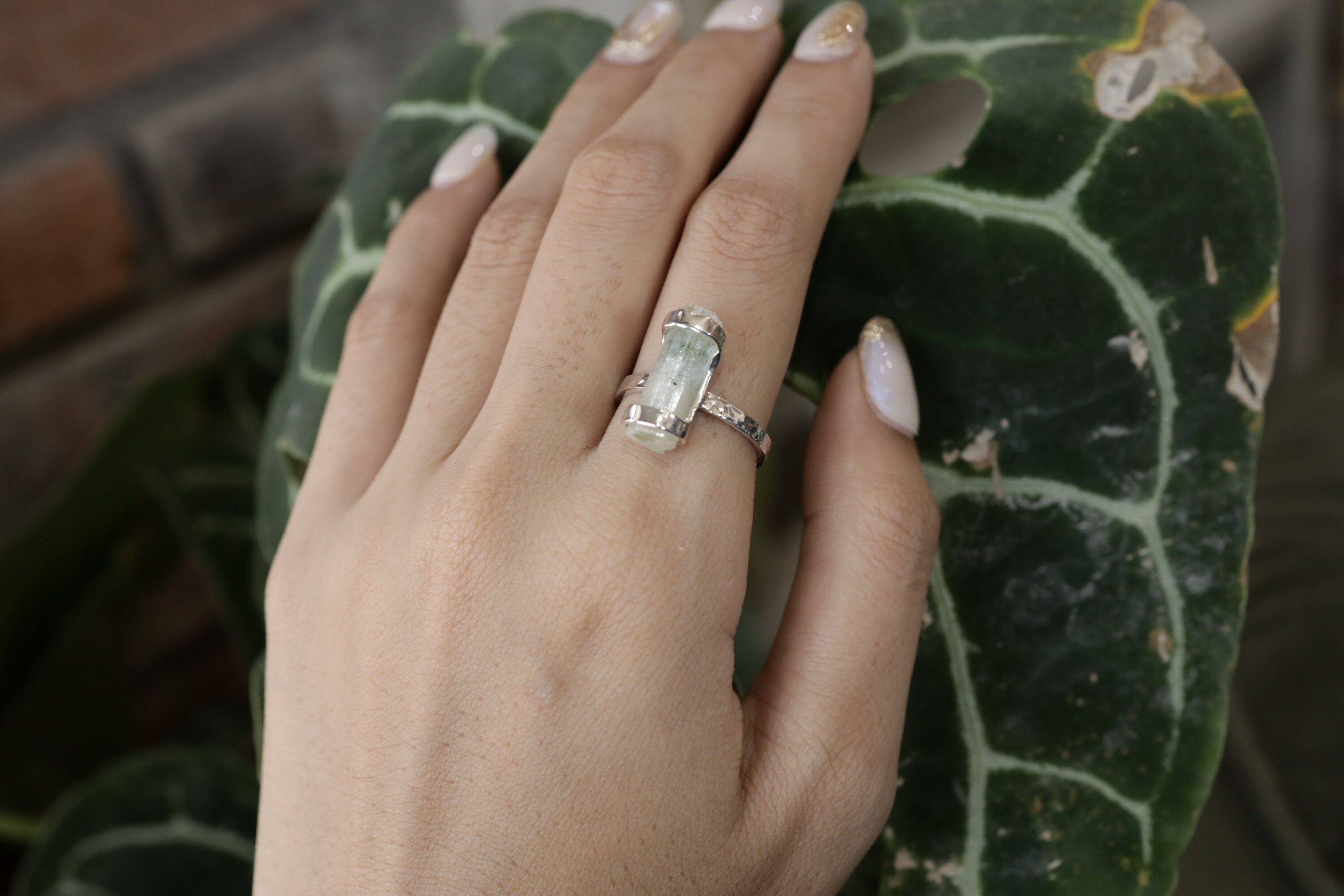 Ocean's Whisper Raw Aquamarine Ring -Hammered & Shiny Finish - Sterling Silver Ring - Size 6 1/2 US