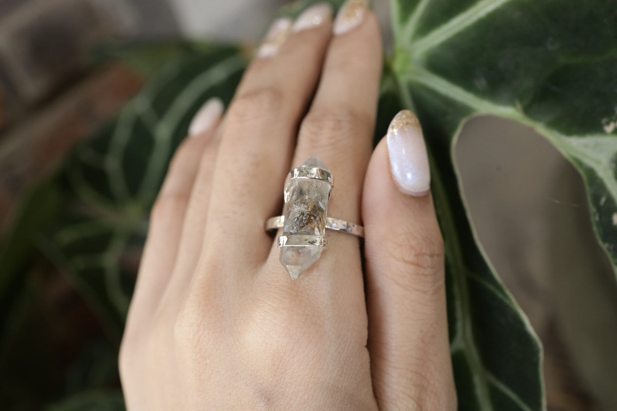 Tibetan Tranquility Double-Terminated Inclusion Quartz Ring-Hammered & Shiny Finish - Sterling Silver Ring - Size 9 1/2 US