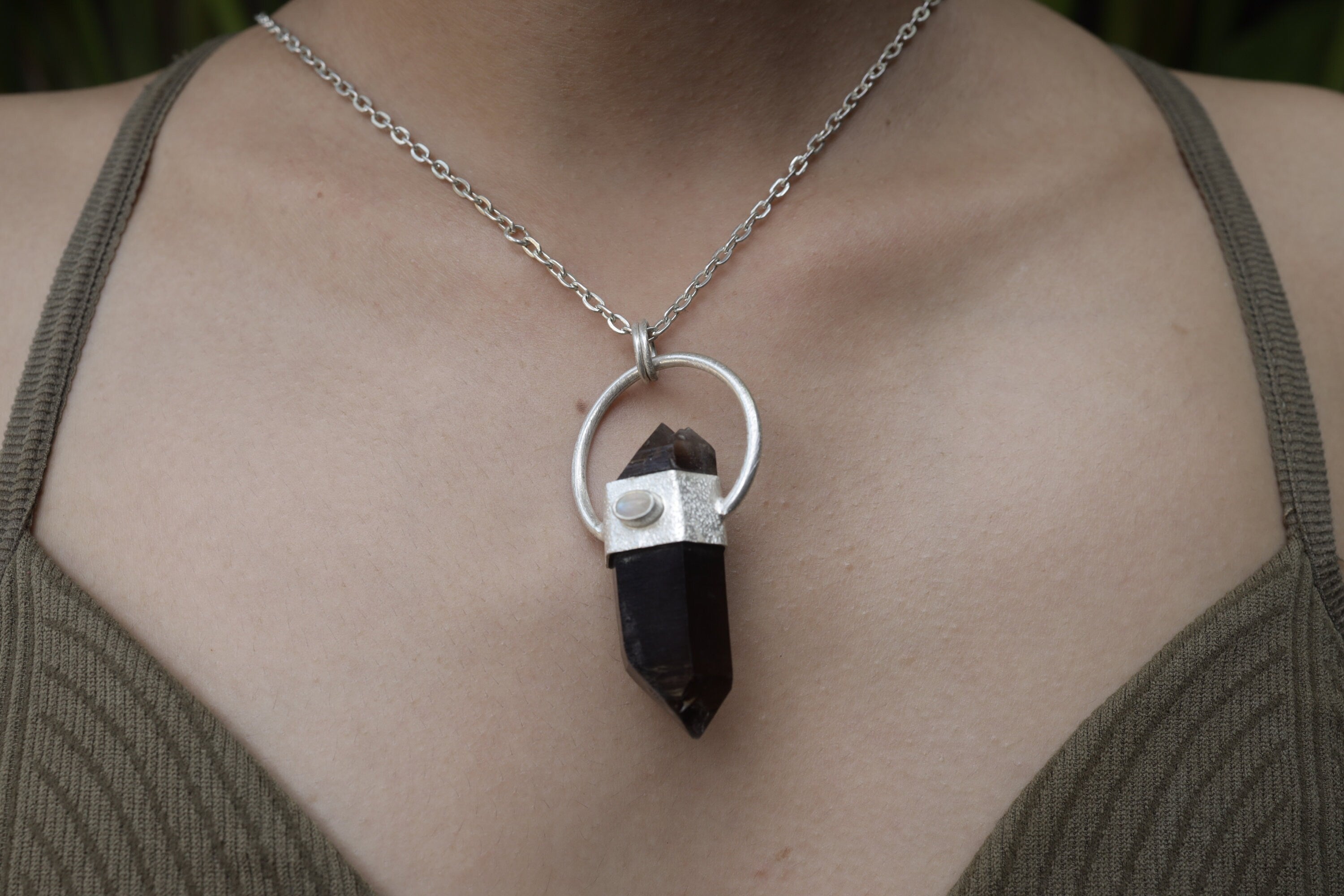 Smokey Luminescence: Sterling Silver Sand-Textured Crystal Pendant with Double Terminated Smoky Cathedral Quartz from Glen Innes & Moonstone