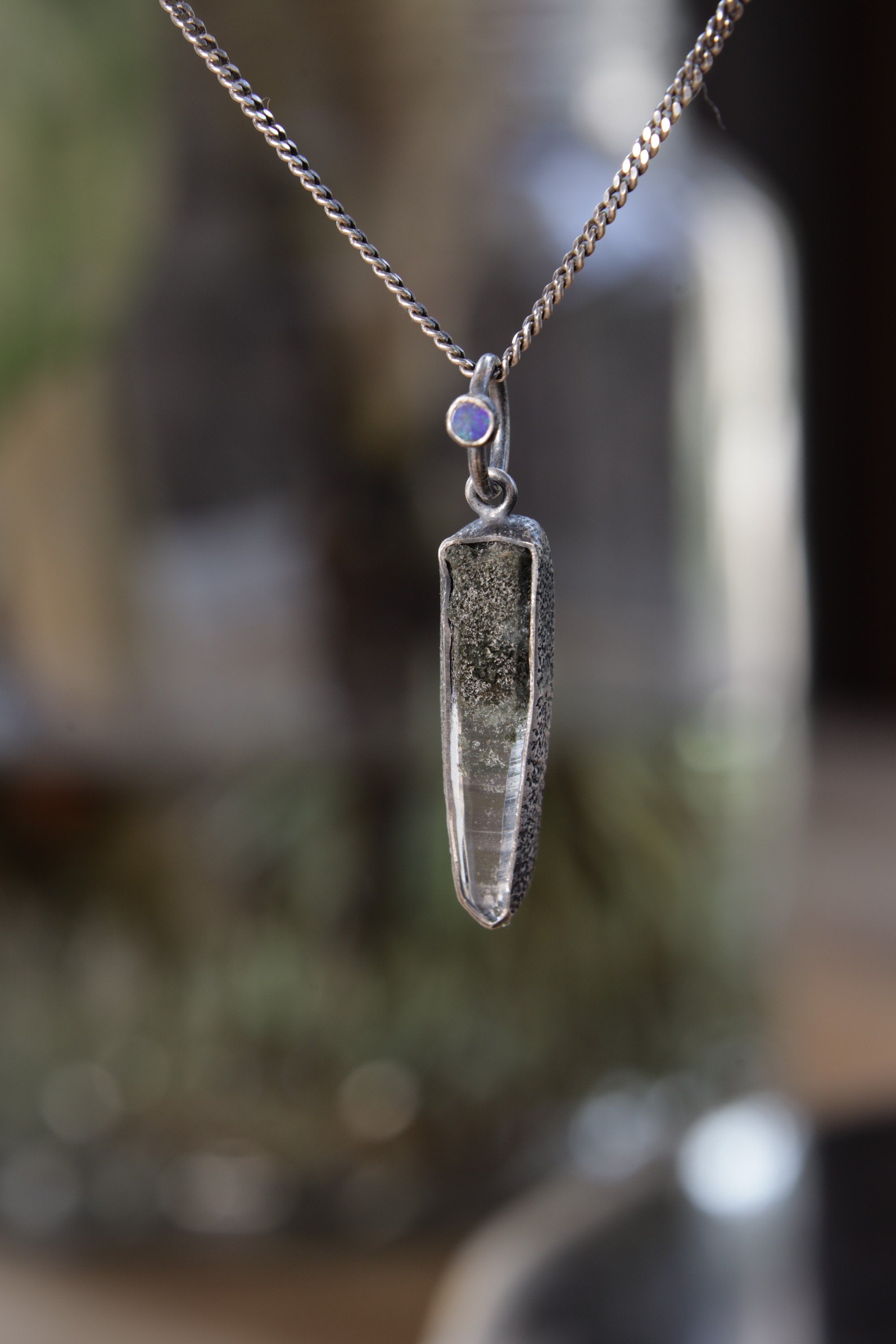 Himalayan Whisper: Sterling Silver Pendant with Himalayan Laser Quartz and Opal - Oxidized & Sand Textured