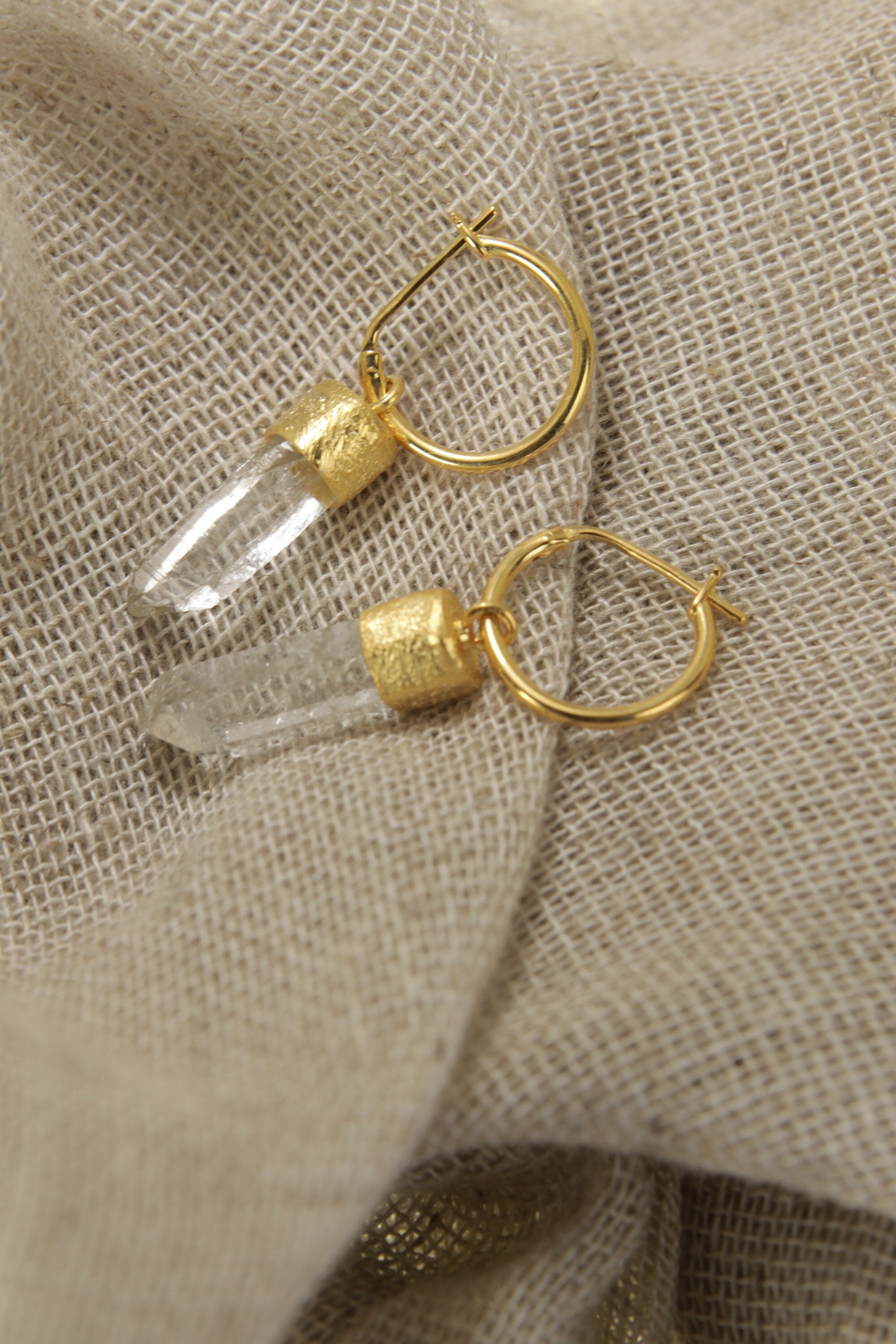 Golden Lemurian Dazzle: Australian Clear Lemurian Quartz - Sand Textured Gold Plated Sterling Silver - Hoop Earrings