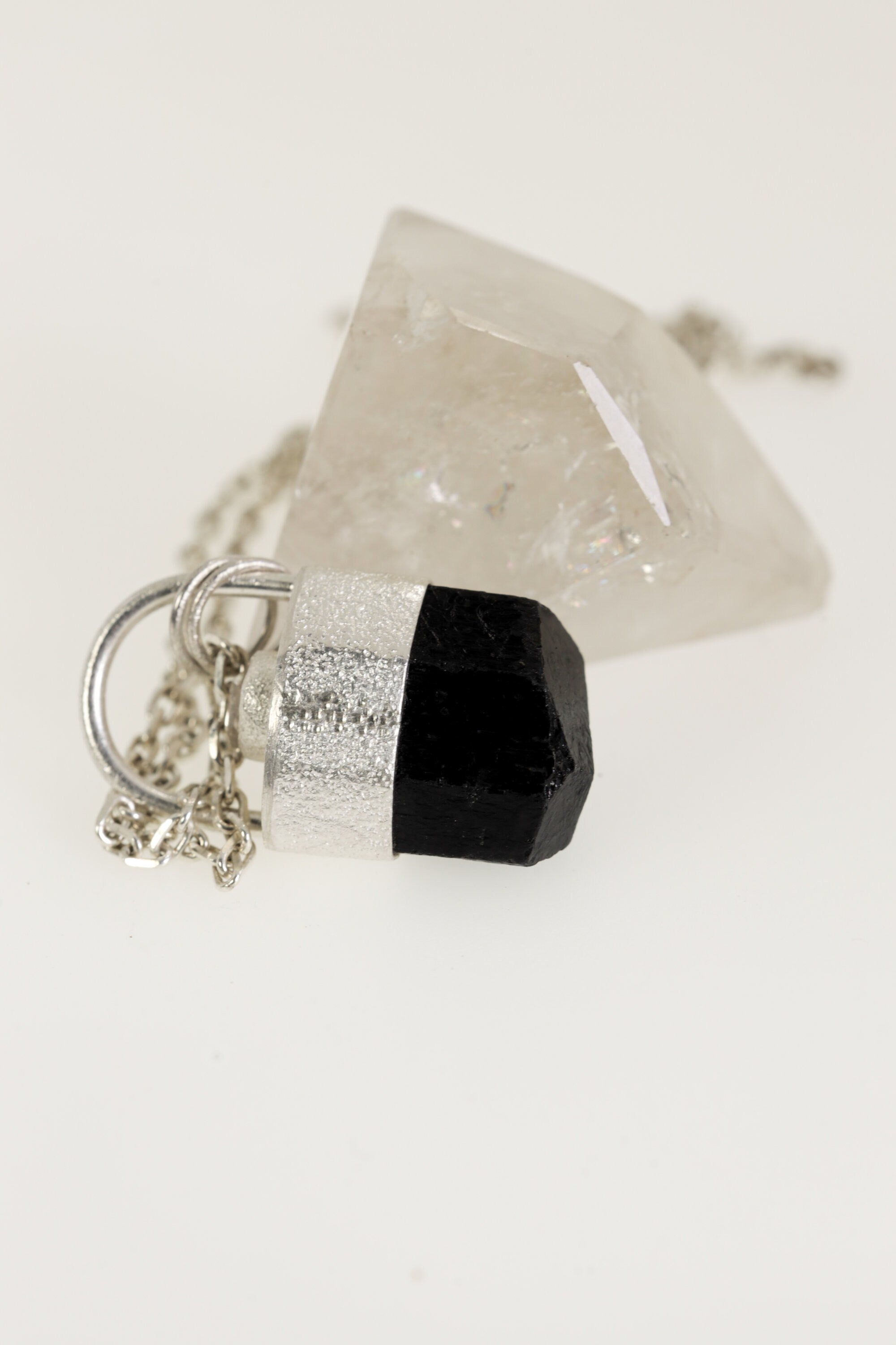 Sterling Silver Pendant with Himalayan Terminated Brown Dravite Tourmaline and Herkimer Diamond - Sand Texture Finish - NO/010