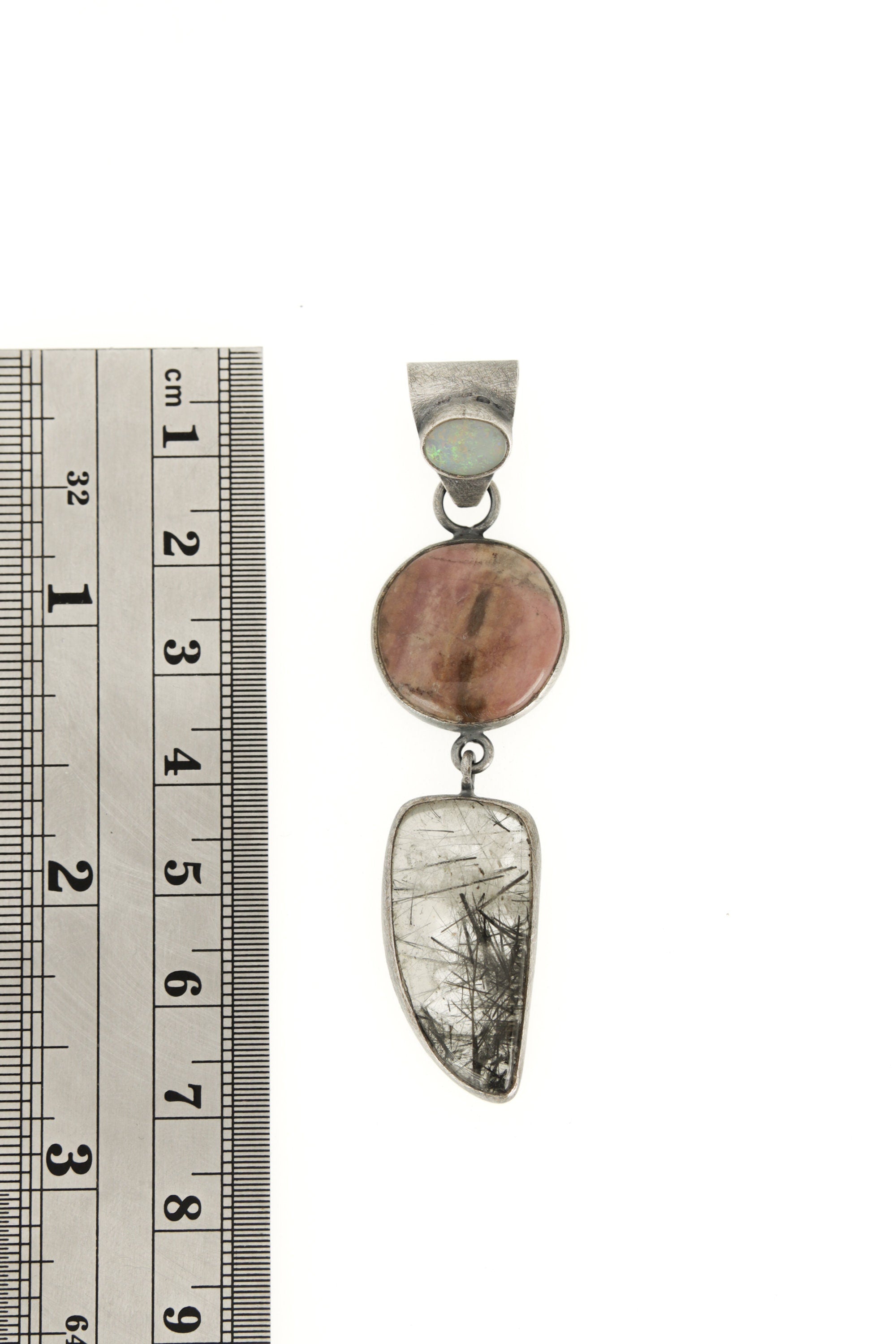 Rhodochrosite & Tooth-Shaped Rutile Quartz Pendant with Moonstone Bail Sterling Silver, Oxidized Brush Texture Dangling Charm Heart Chakra