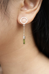 Raw Gem Green Tourmaline Jewel - 925 Sterling Silver Box Chain Stud Earring - Hammered Textured & Shiny Finish Oval