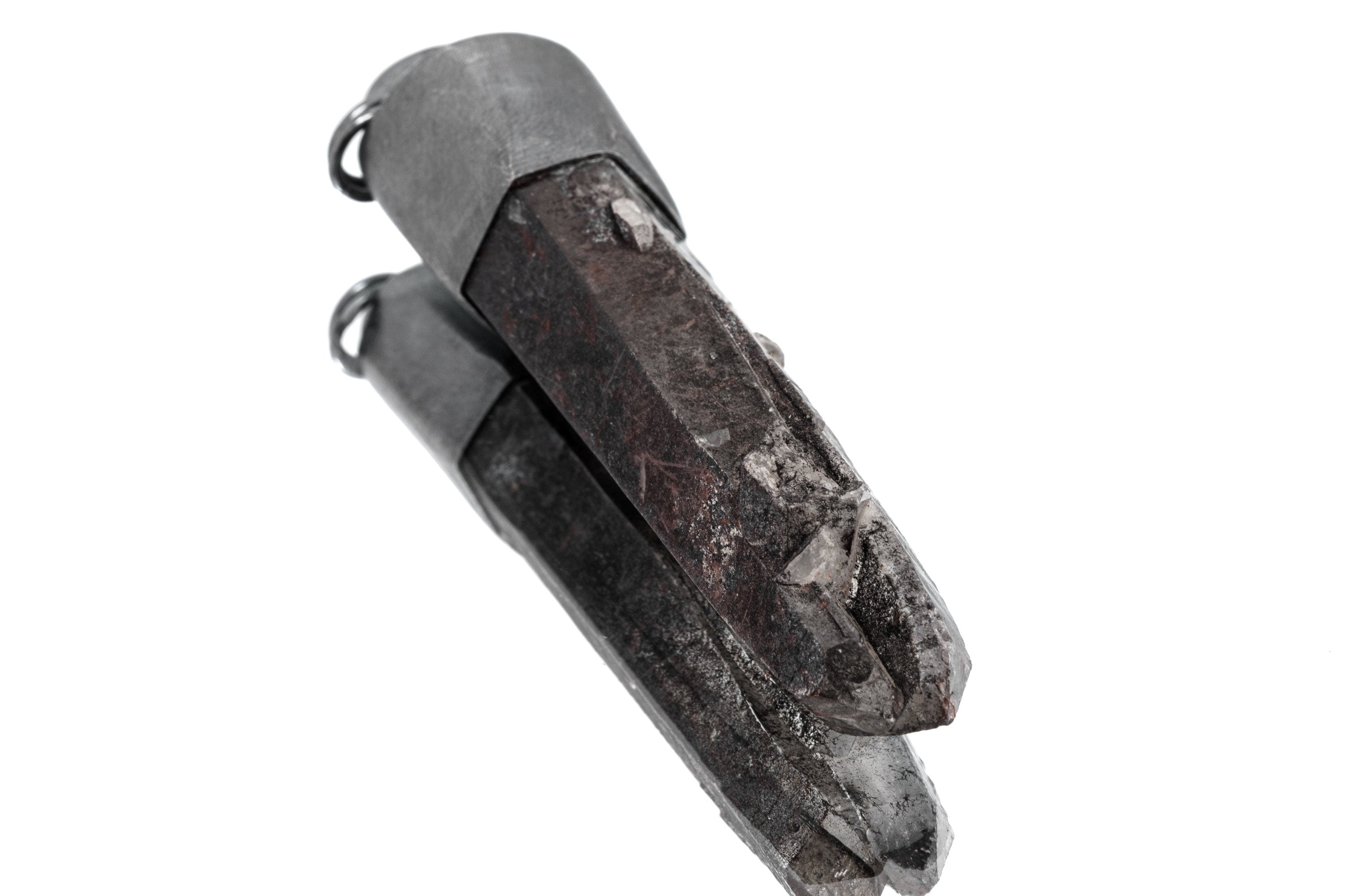 Oxidized Sterling Silver Pendant with Large Smoky Quartz Point, Whispering Shadows, Brush Textured Brutalist Industrial Look, Bold Jewelry