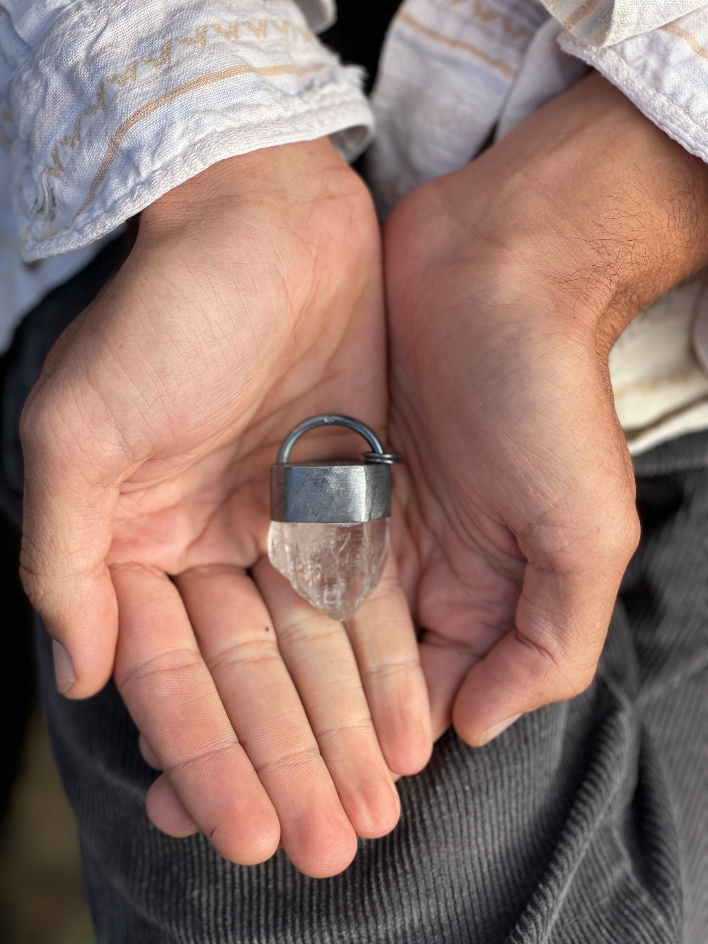 Luminous Essence Clear Quartz Pendant - Sterling Silver Crystal Pendant - Oxidized Finish & Brush Textured