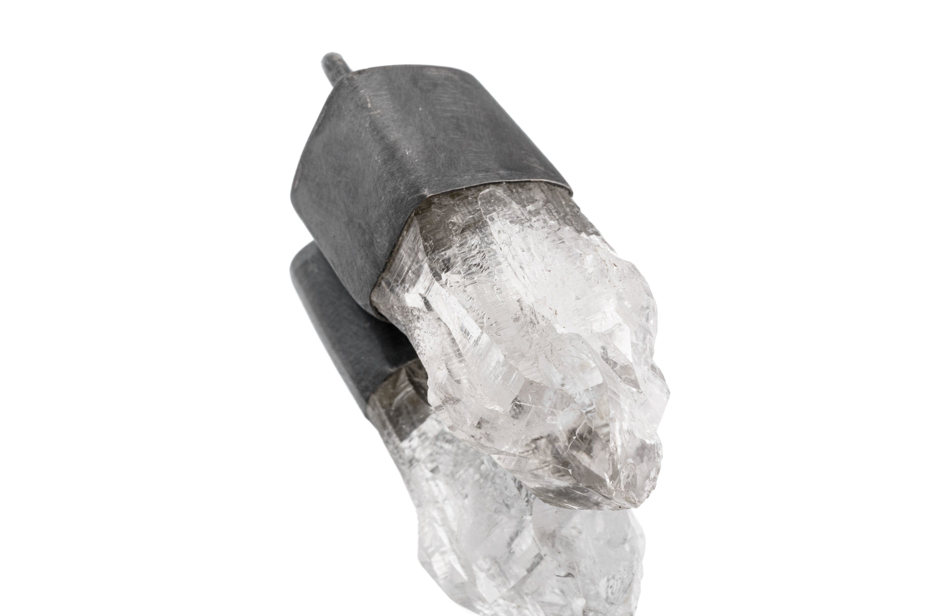 Luminous Veil Clear Quartz Pendant - Oxidized Finish & Brush Textured