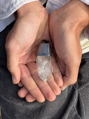 Luminous Veil Clear Quartz Pendant - Oxidized Finish & Brush Textured