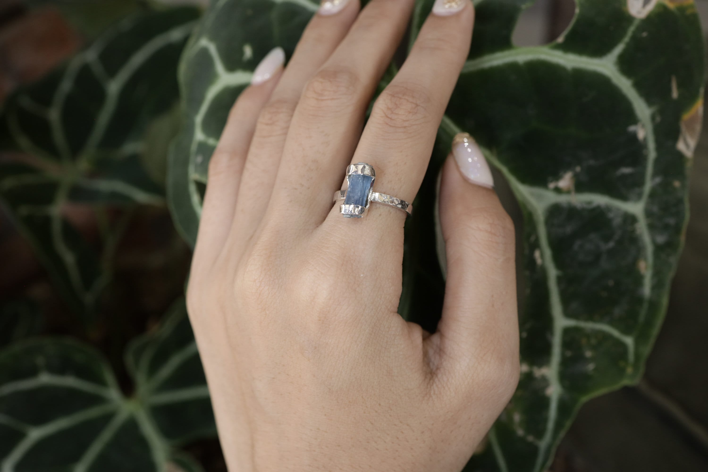 Azure Depths Australian Kyanite Ring - Hammered & Shiny Finish - Sterling Silver Ring - Size 5 1/2 US