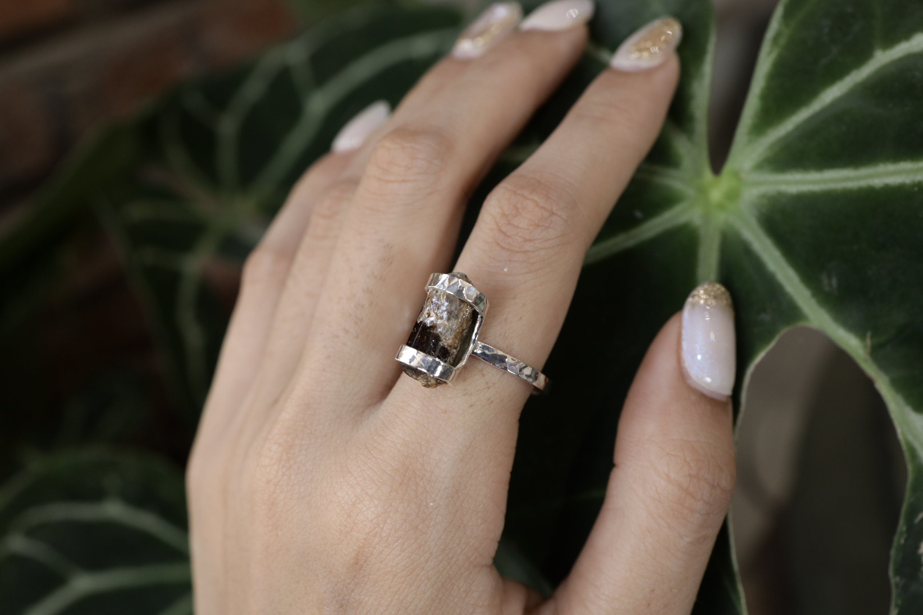 Earthen Elegance Gemmy Dravite Tourmaline Ring - Hammered & Shiny Finish - Sterling Silver Ring - Size 9 US