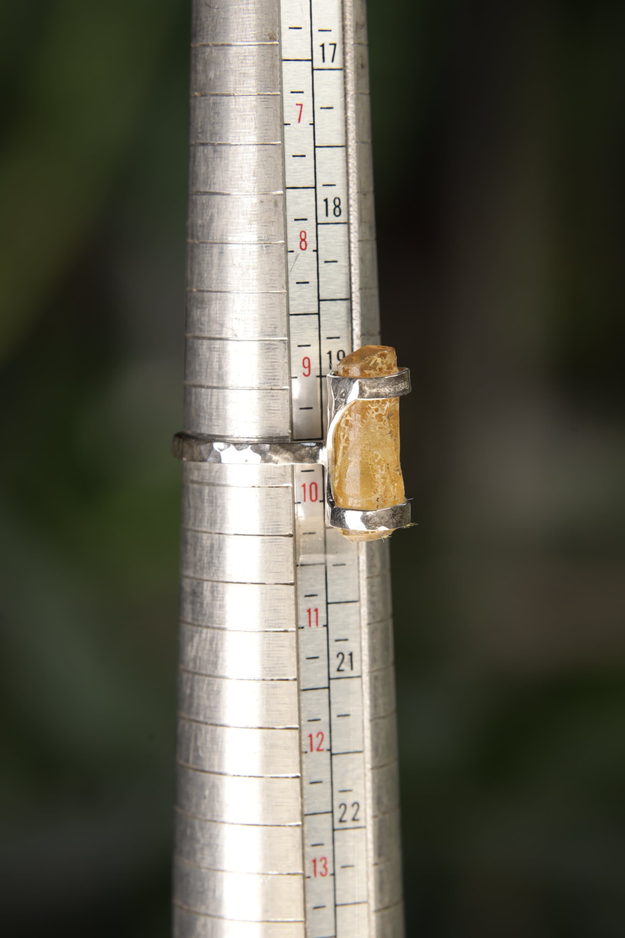 Silver Wrapped Natural Amber Fossil Ring, Hammered & Shiny Finish, Sterling Silver, Size 9 3/4 US, Ancient Wisdom, Fossilized Tree Zap