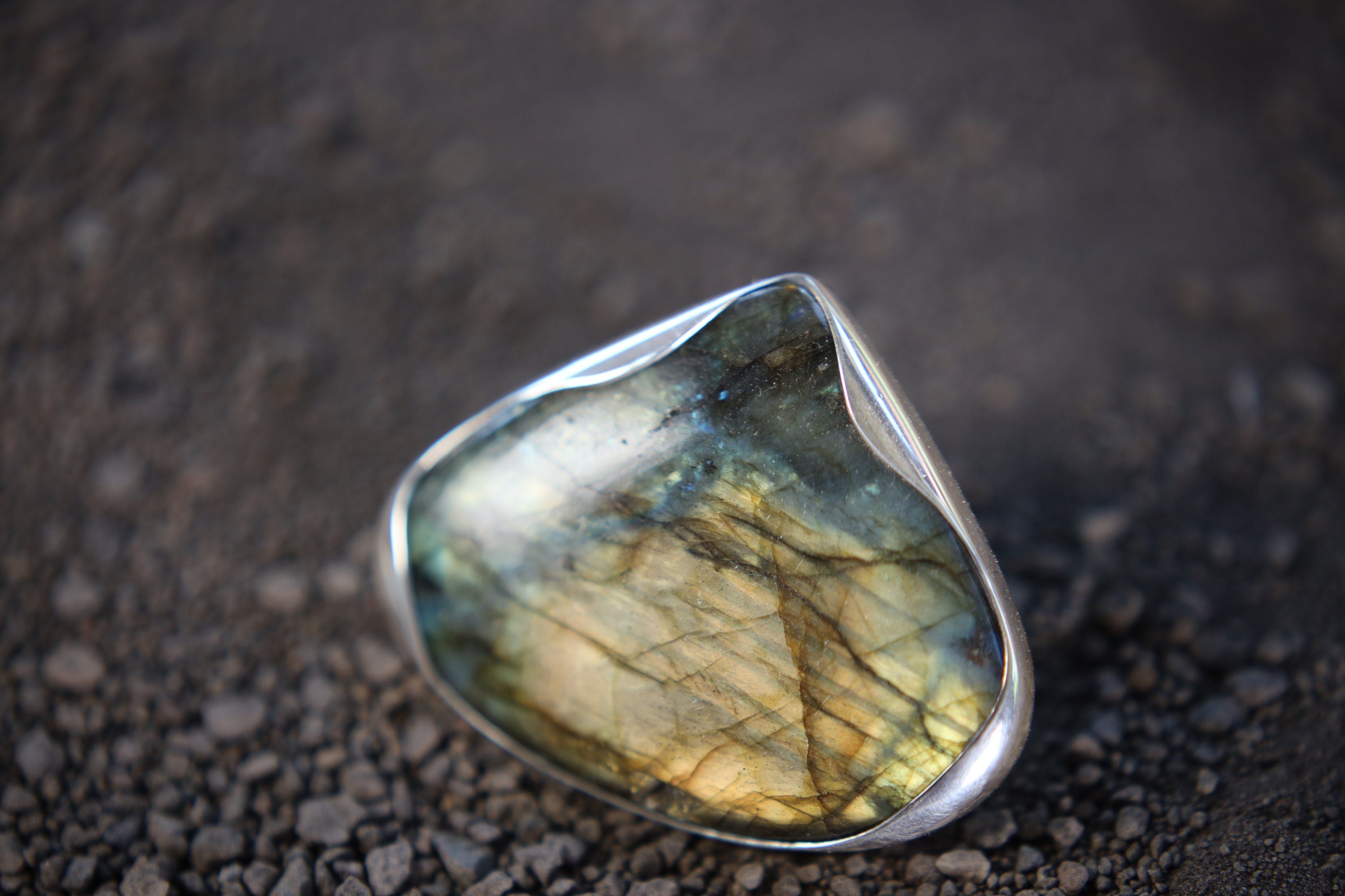 A Sturdy Embrace of Mystical Reflections: Adjustable Sterling Silver Ring with Teardrop Labradorite - Unisex - Size 5-10 US - NO/02