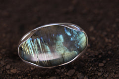 A Sturdy Embrace of Enchanted Luminescence: Adjustable Sterling Silver Ring with Oval Labradorite - Unisex - Size 5-10 US - NO/03