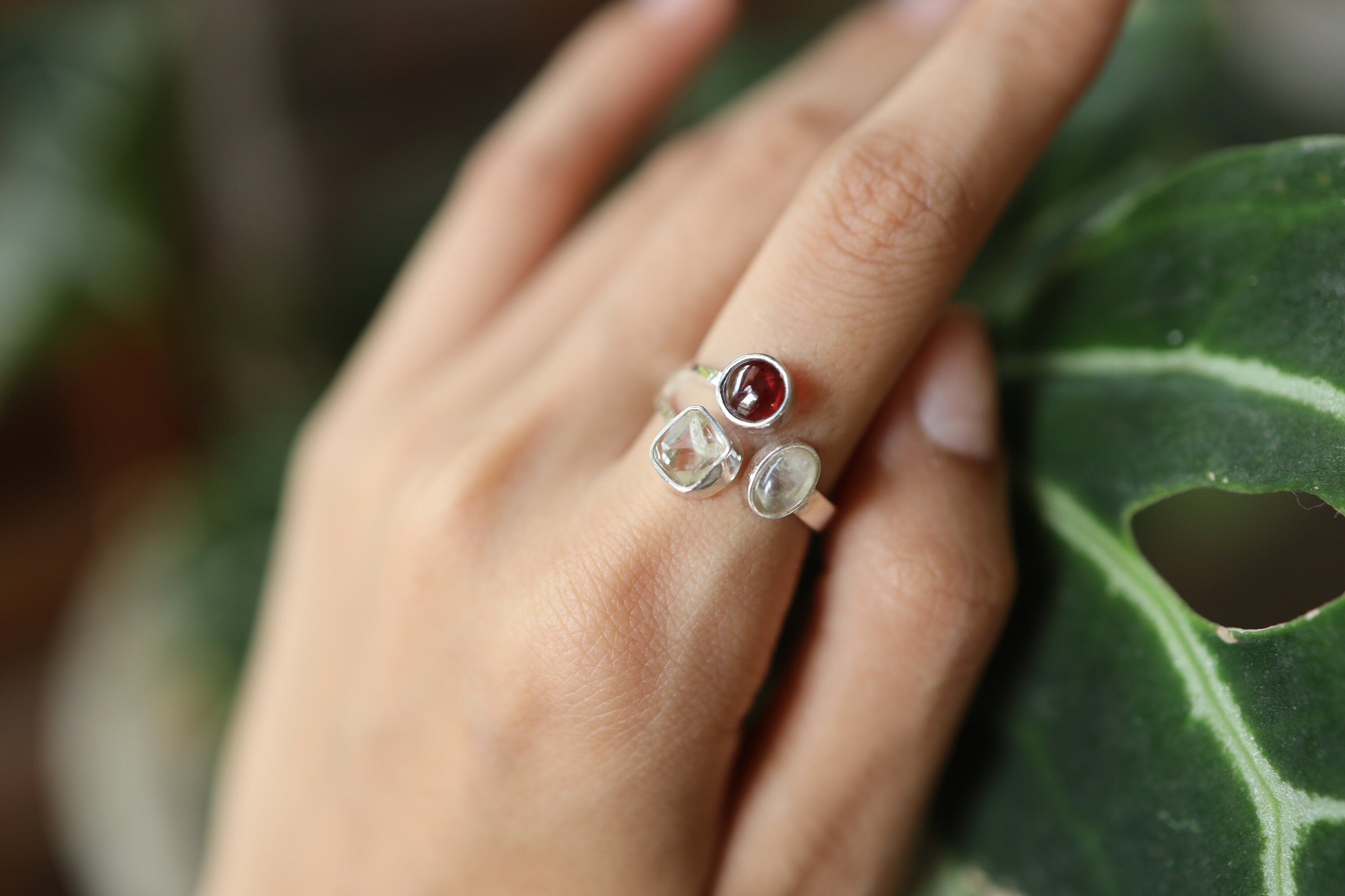 Open Adjustable Sterling Silver Ring with Garnet, Herkimer Diamond & Moonstone, Flat Hammer Textured Band, Size 5-10 US, Clarity Strength