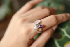 Adjustable Ring set in Amethyst, Pearl & Rose Quartz - Sterling Silver - Hammer Textured Shiny Finish - Size 5-12 US